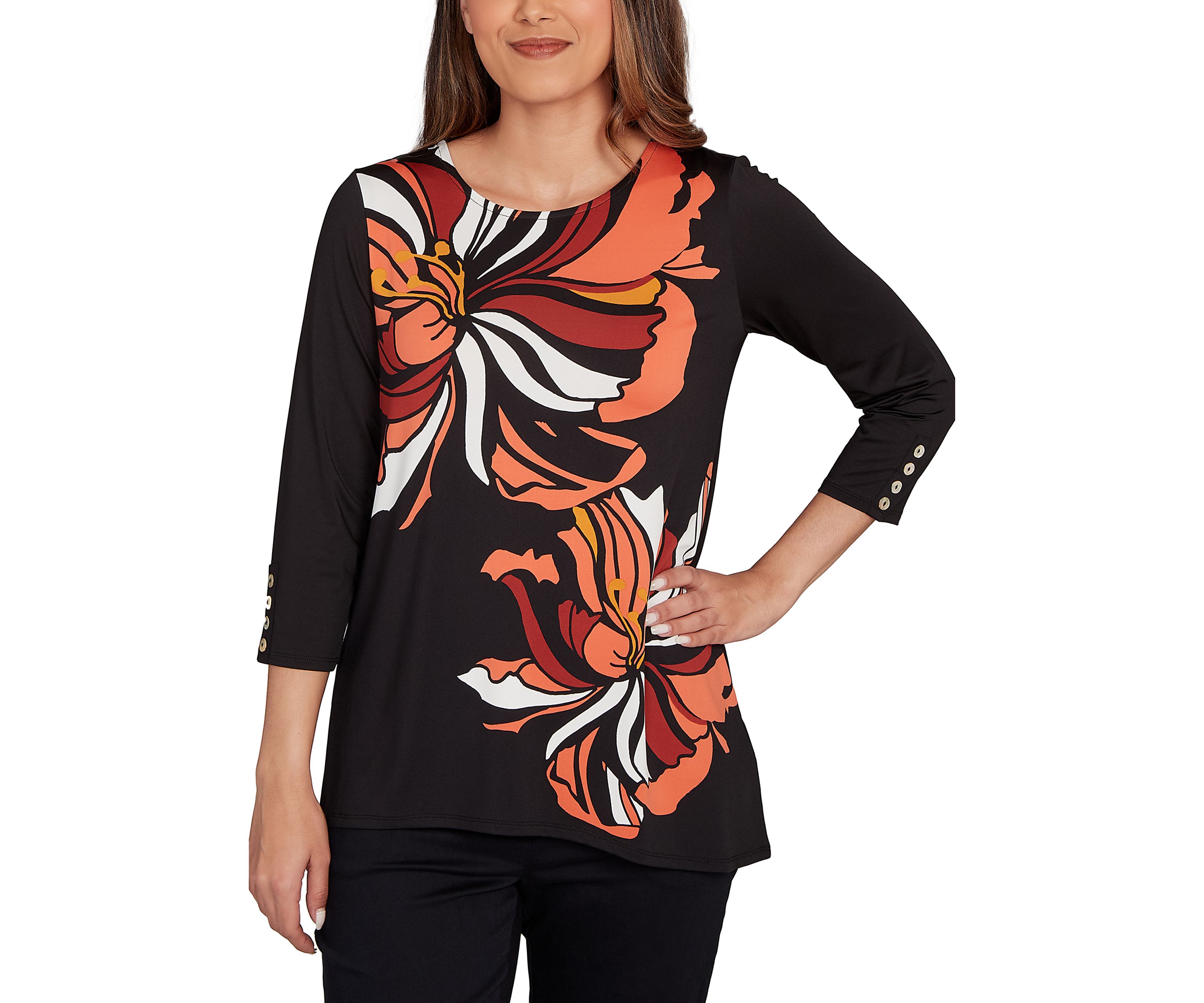 Womens Button Sleeve Bold Floral Top