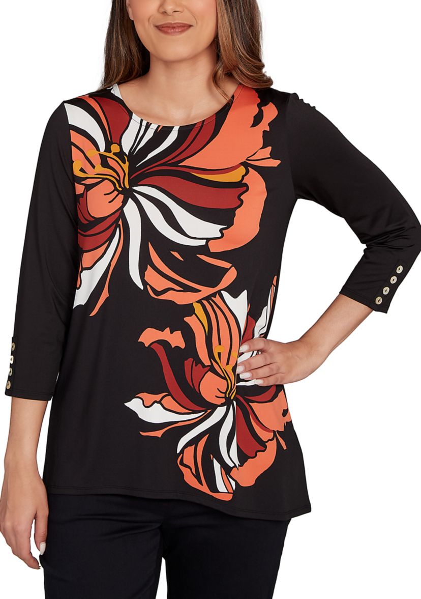 Womens Button Sleeve Bold Floral Top
