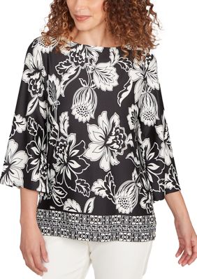 Ruby Rd Women's Floral Geo Border Knit Top