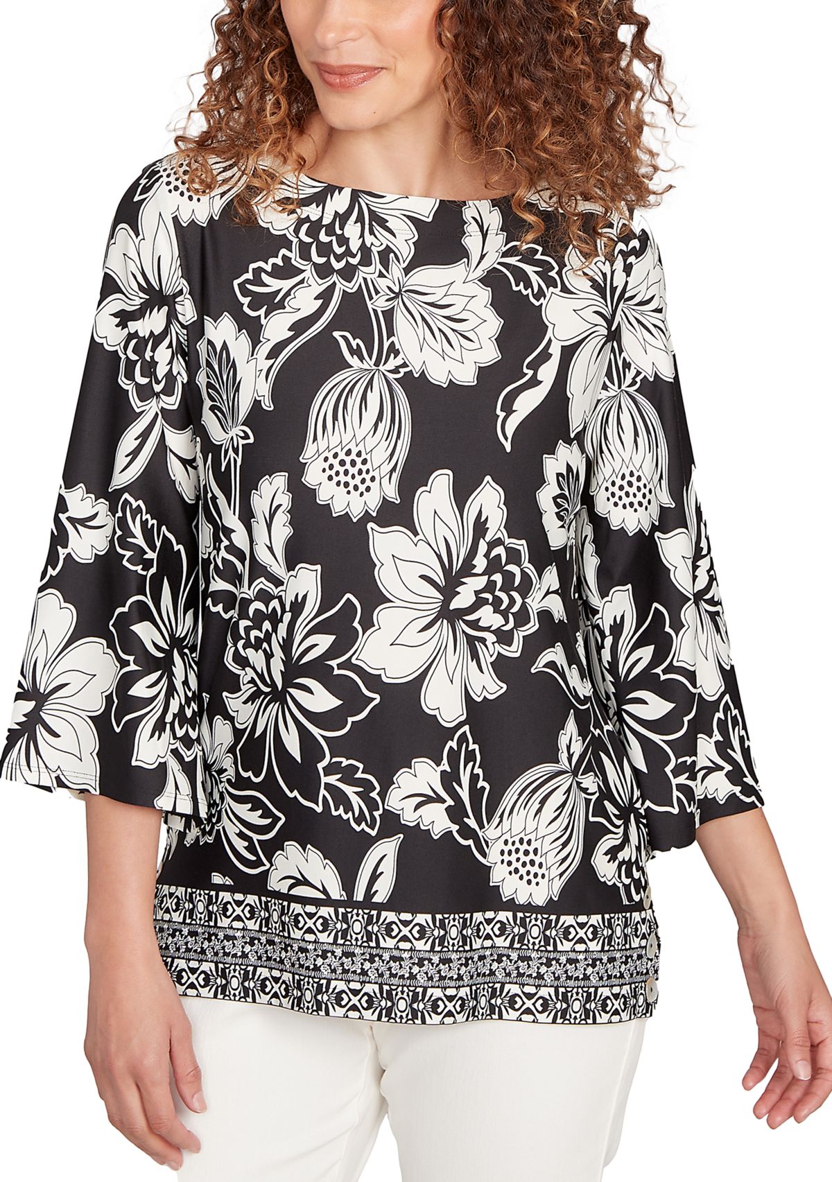 Womens Floral Geo Border Knit Top