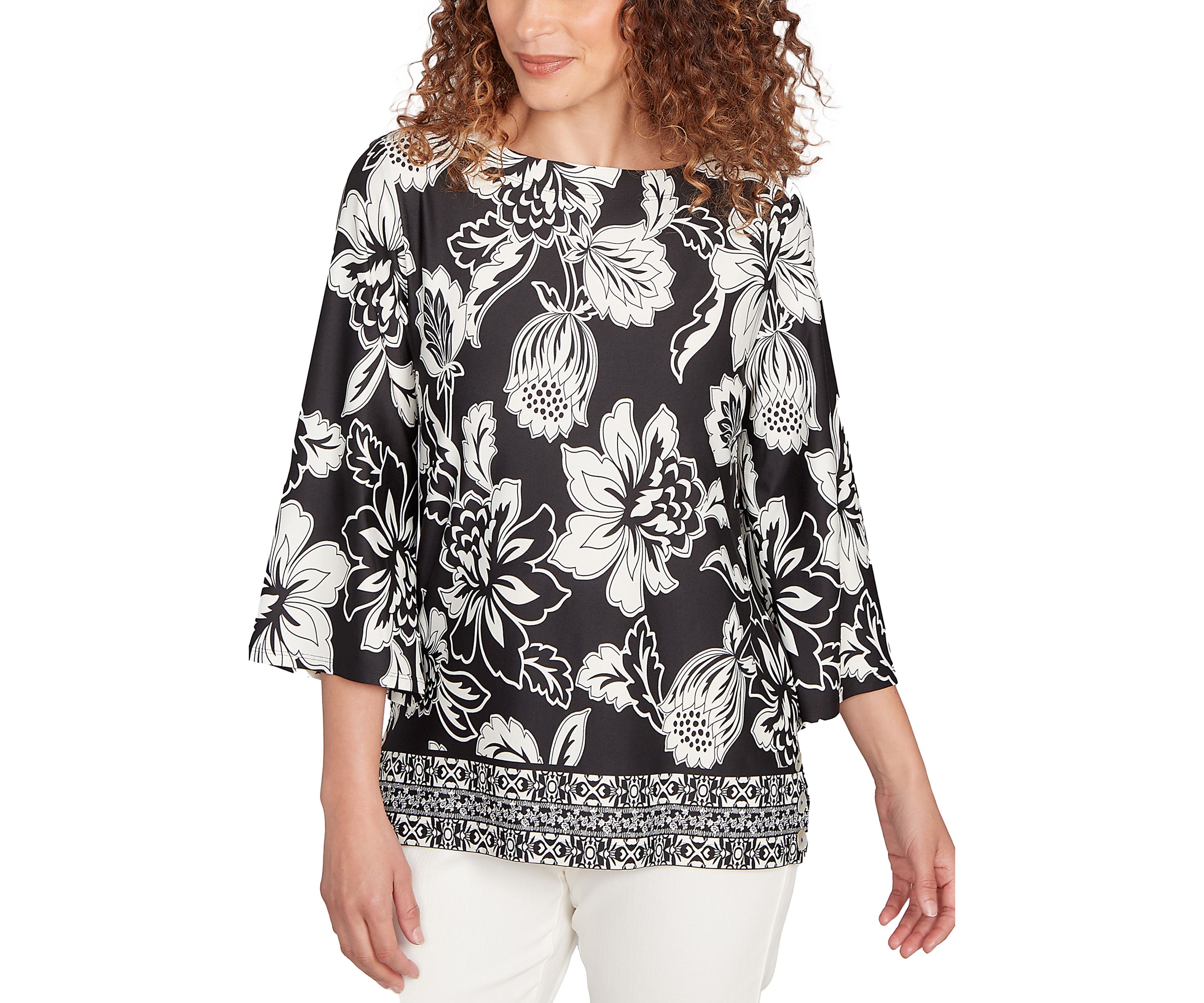 Womens Floral Geo Border Knit Top