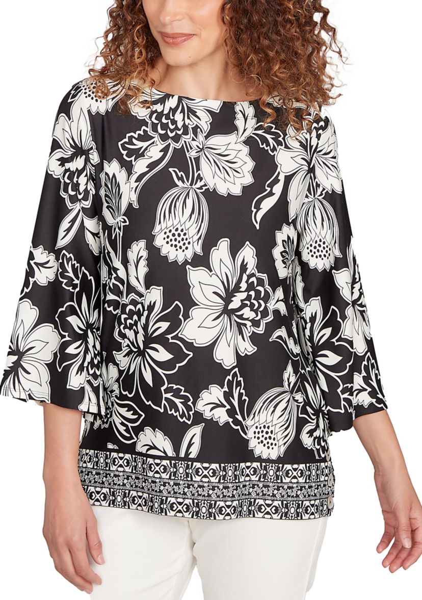 Womens Floral Geo Border Knit Top
