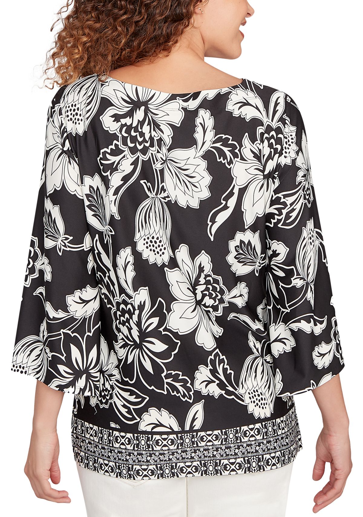 Womens Floral Geo Border Knit Top