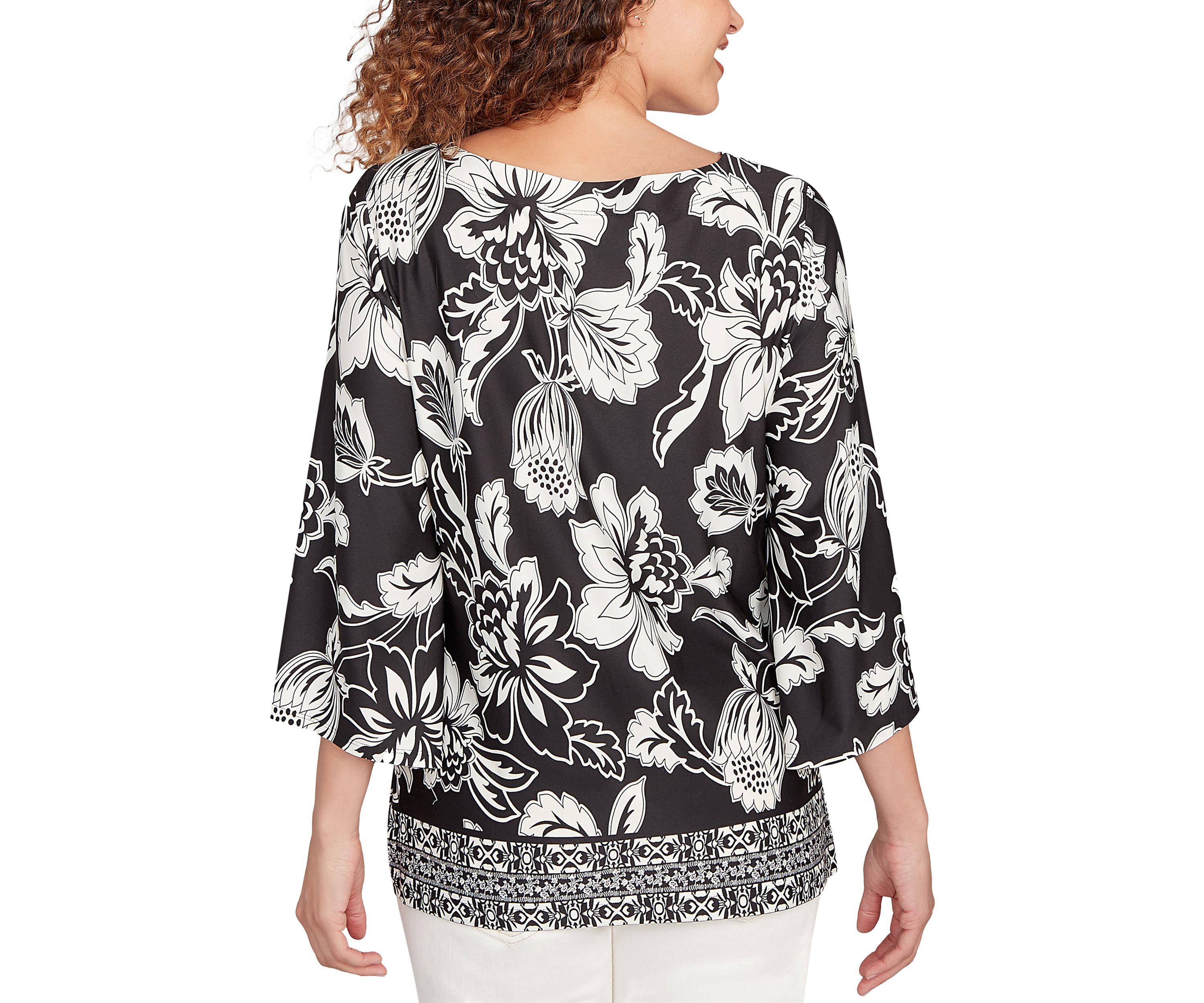 Womens Floral Geo Border Knit Top