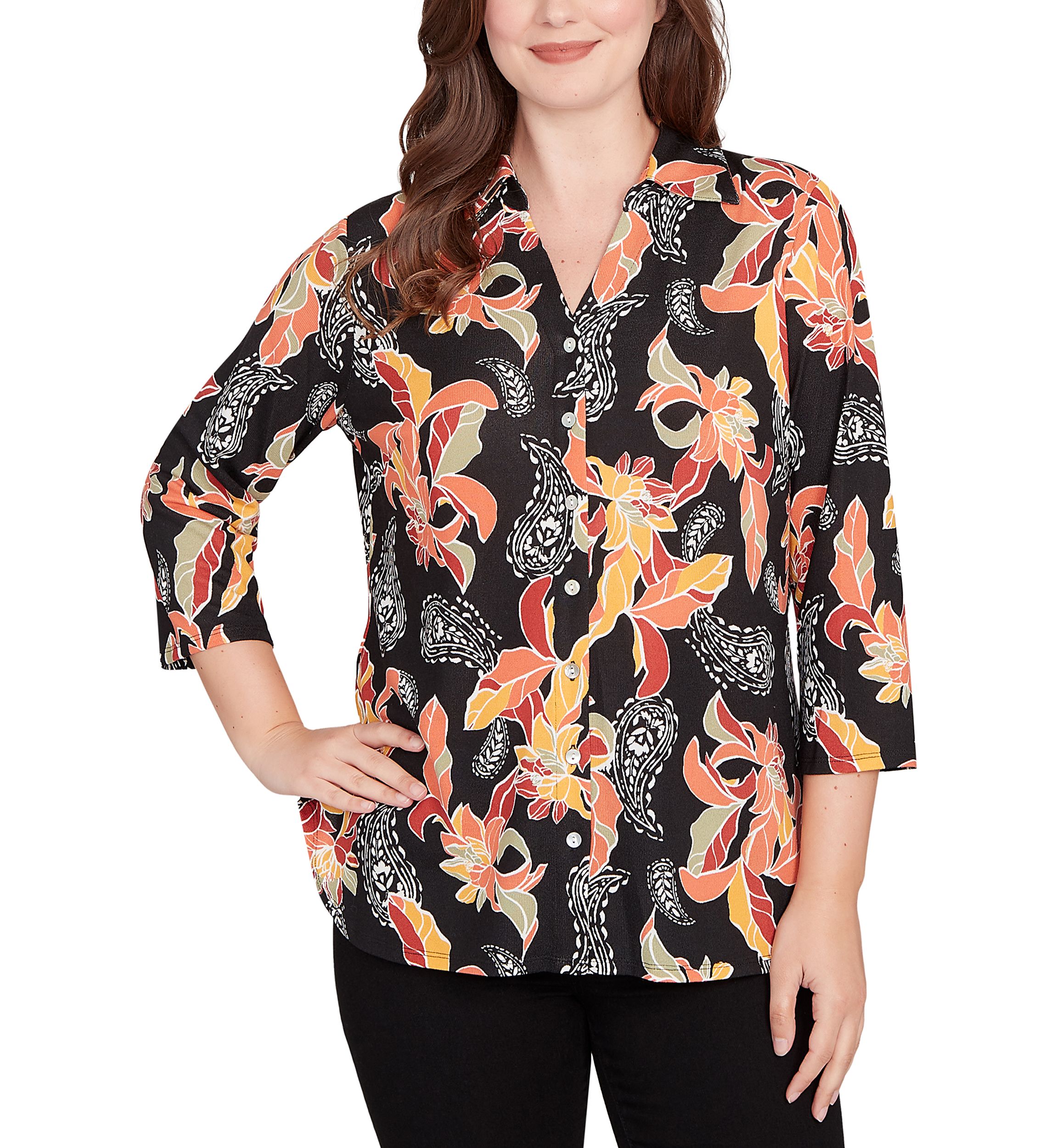 Womens Shirt Collar Floral Paisley Button Front Top