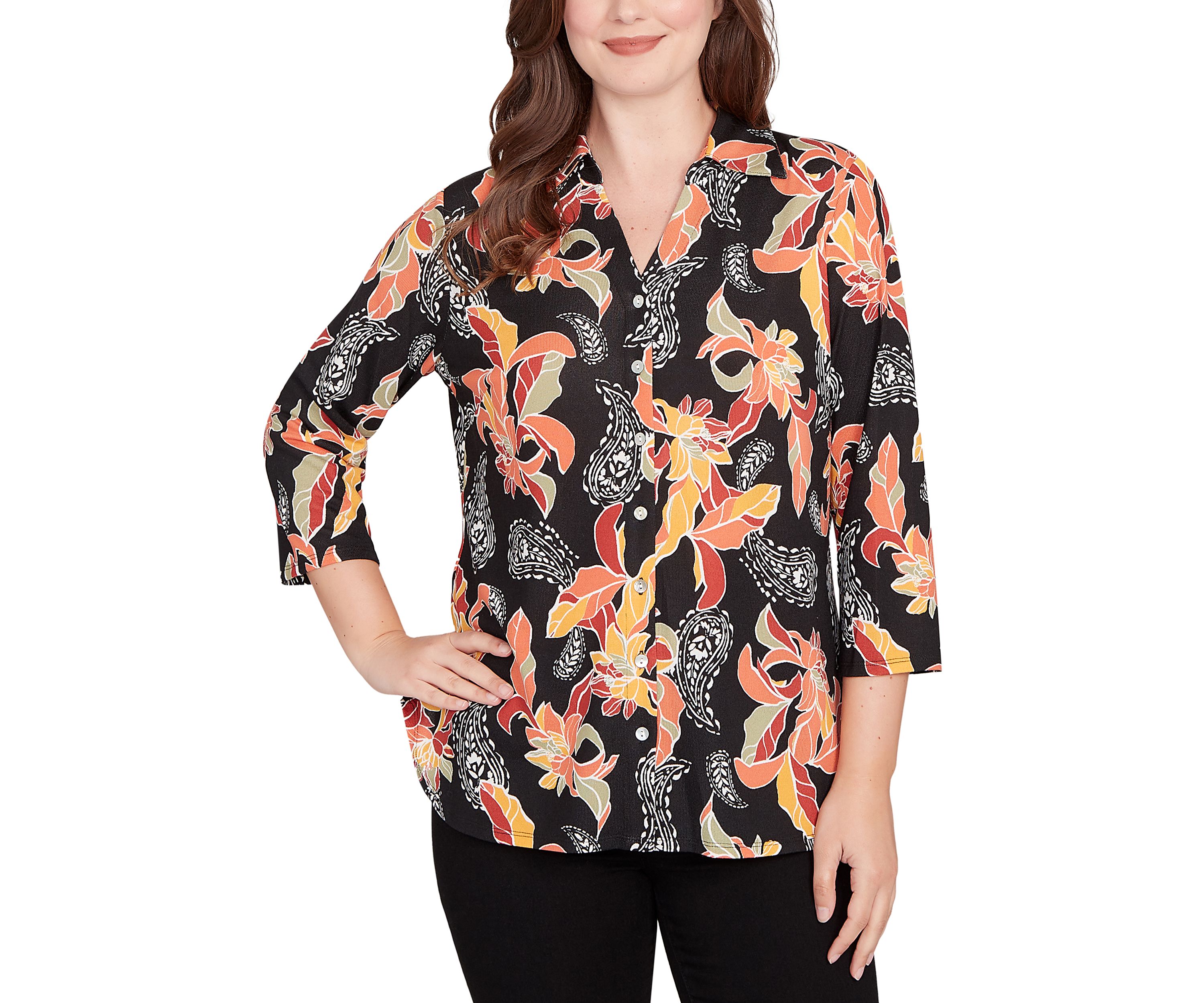 Womens Shirt Collar Floral Paisley Button Front Top
