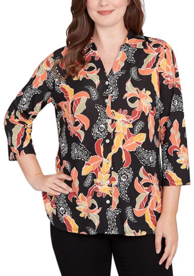 Women's Shirt Collar Floral Paisley Button Front Top