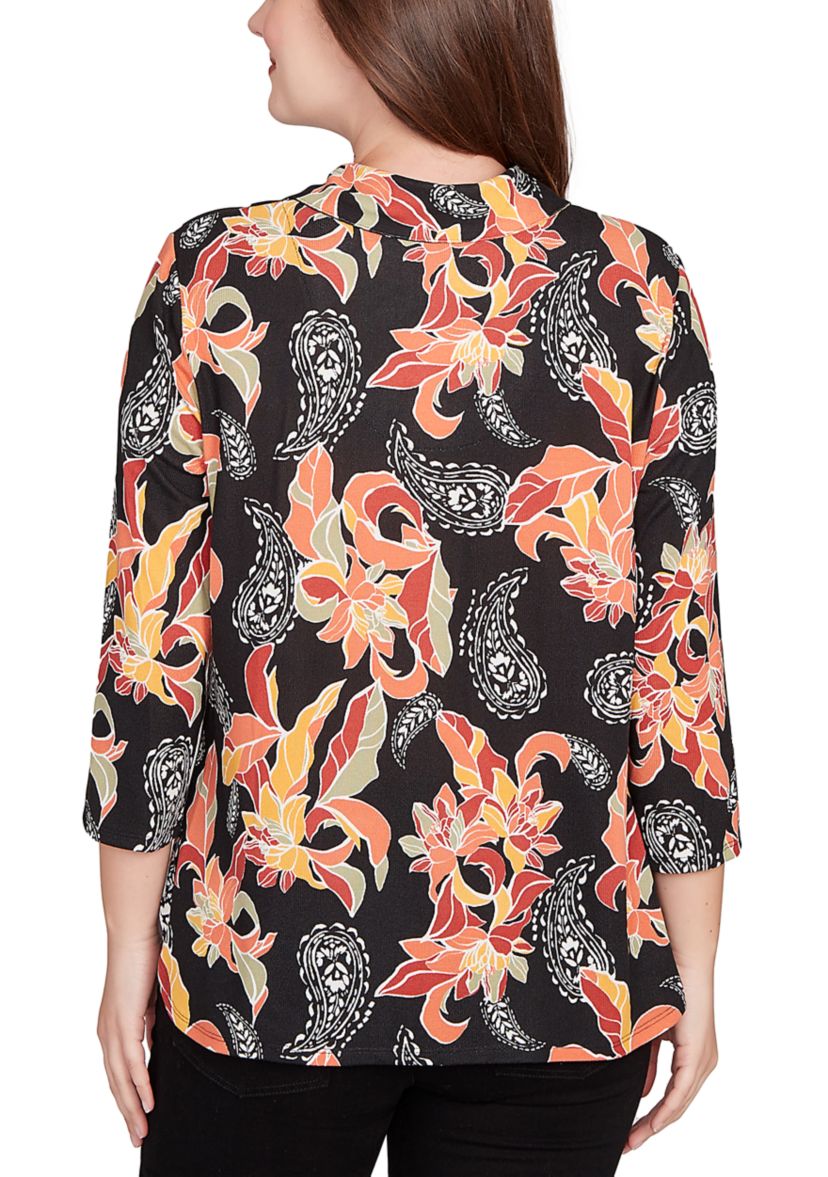 Womens Shirt Collar Floral Paisley Button Front Top