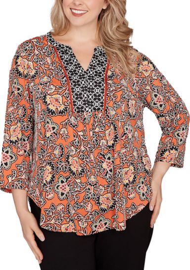 Plus Size Artisan Floral Puff Print Pleated Top