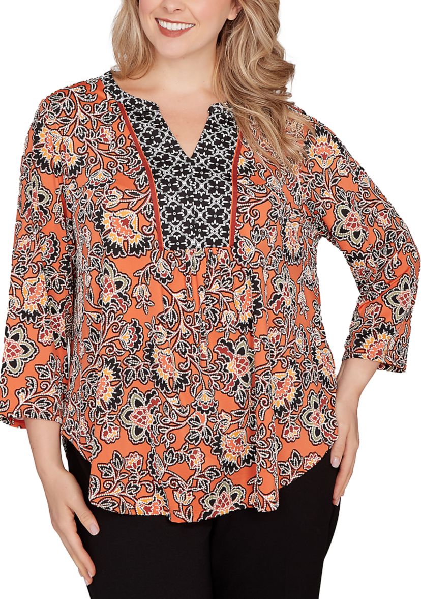 Plus Size Artisan Floral Puff Print Pleated Top