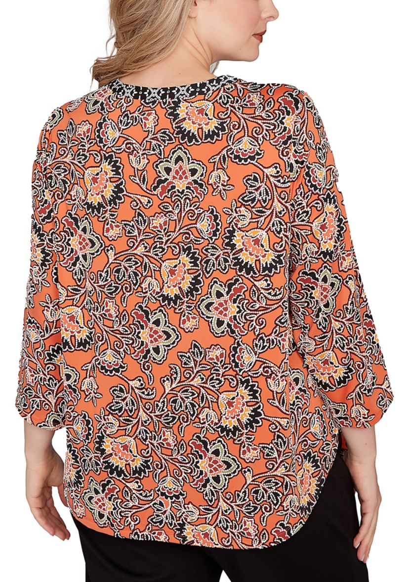 Plus Size Artisan Floral Puff Print Pleated Top