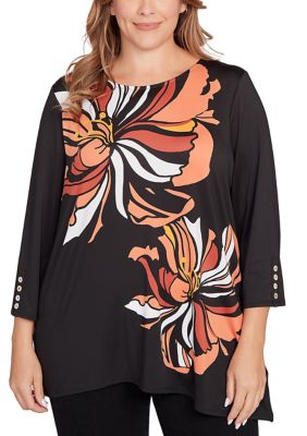 Ruby Rd Women's Plus Size Button Sleeve Bold Floral Top