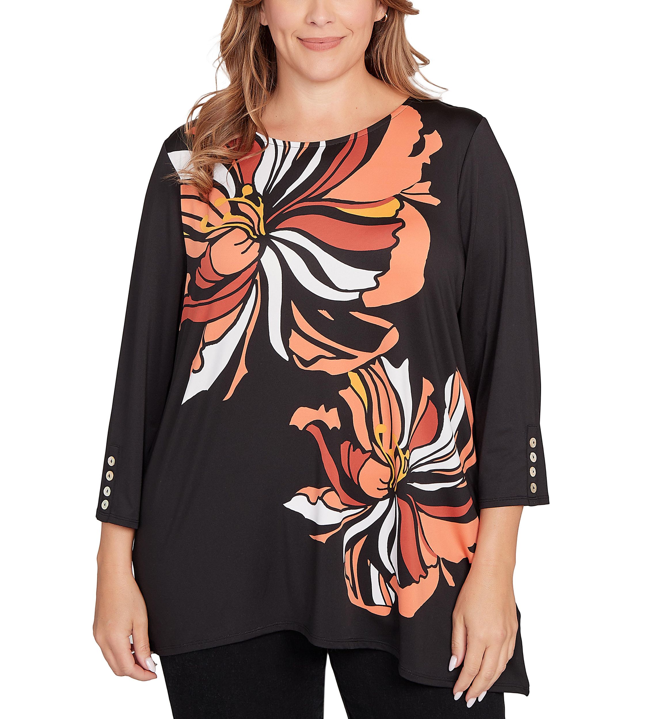 Plus Size Button Sleeve Bold Floral Top