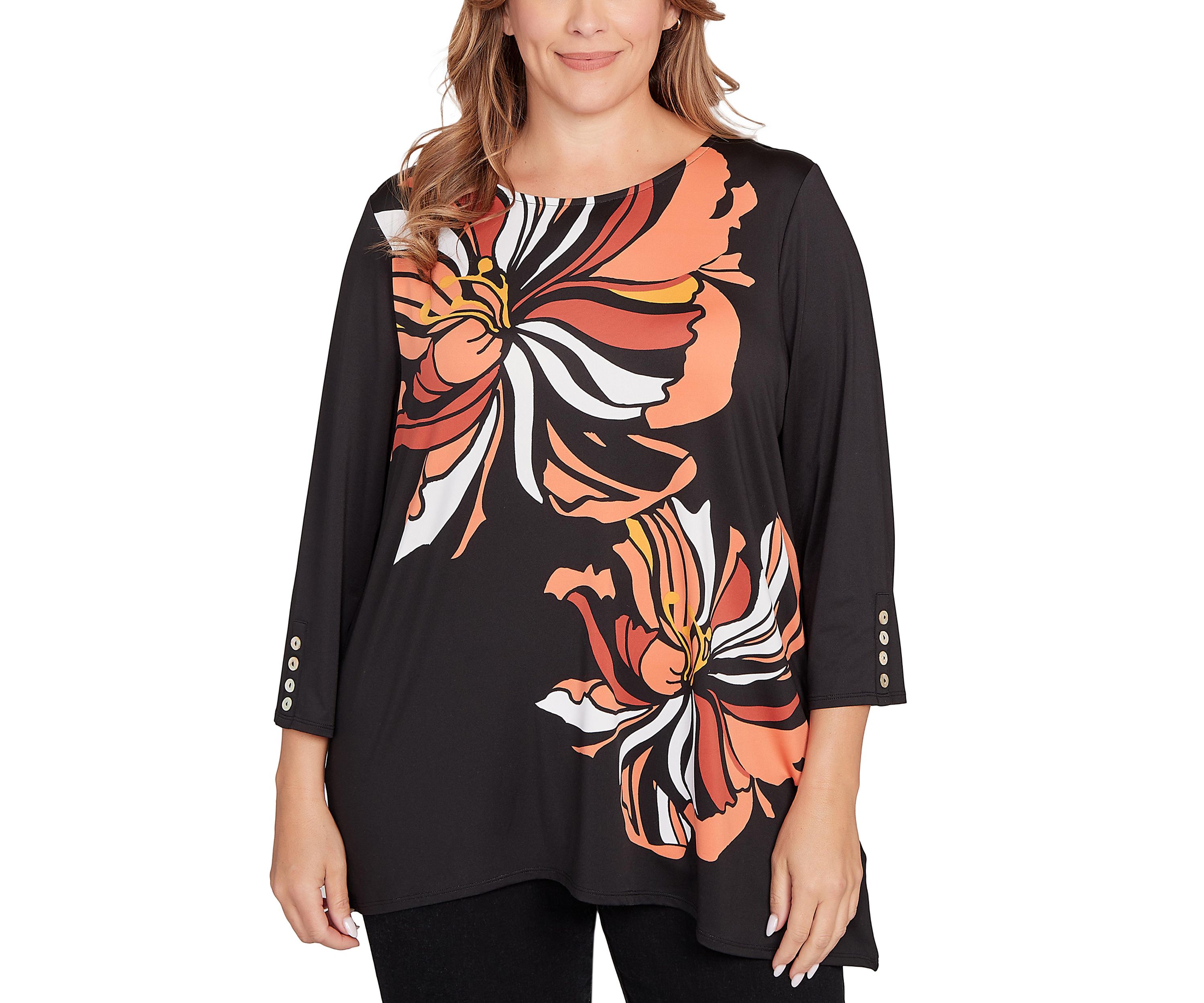 Plus Size Button Sleeve Bold Floral Top