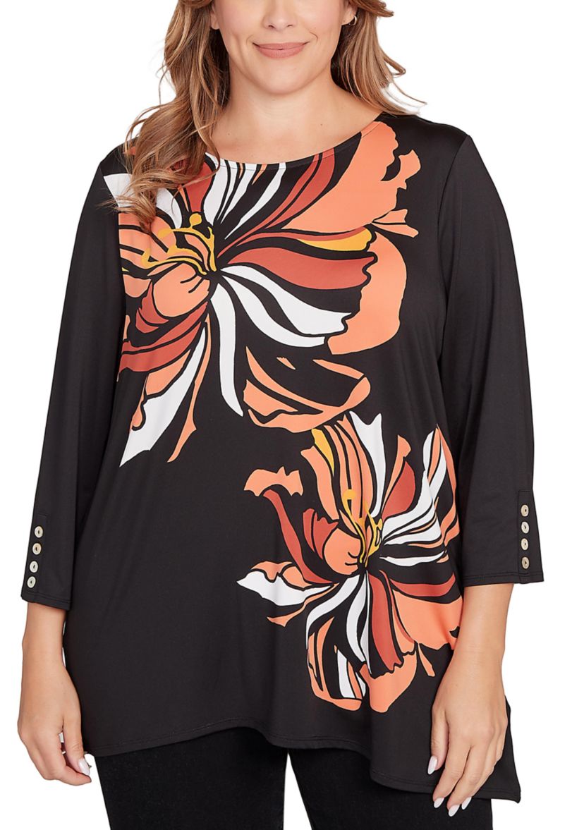 Plus Size Button Sleeve Bold Floral Top