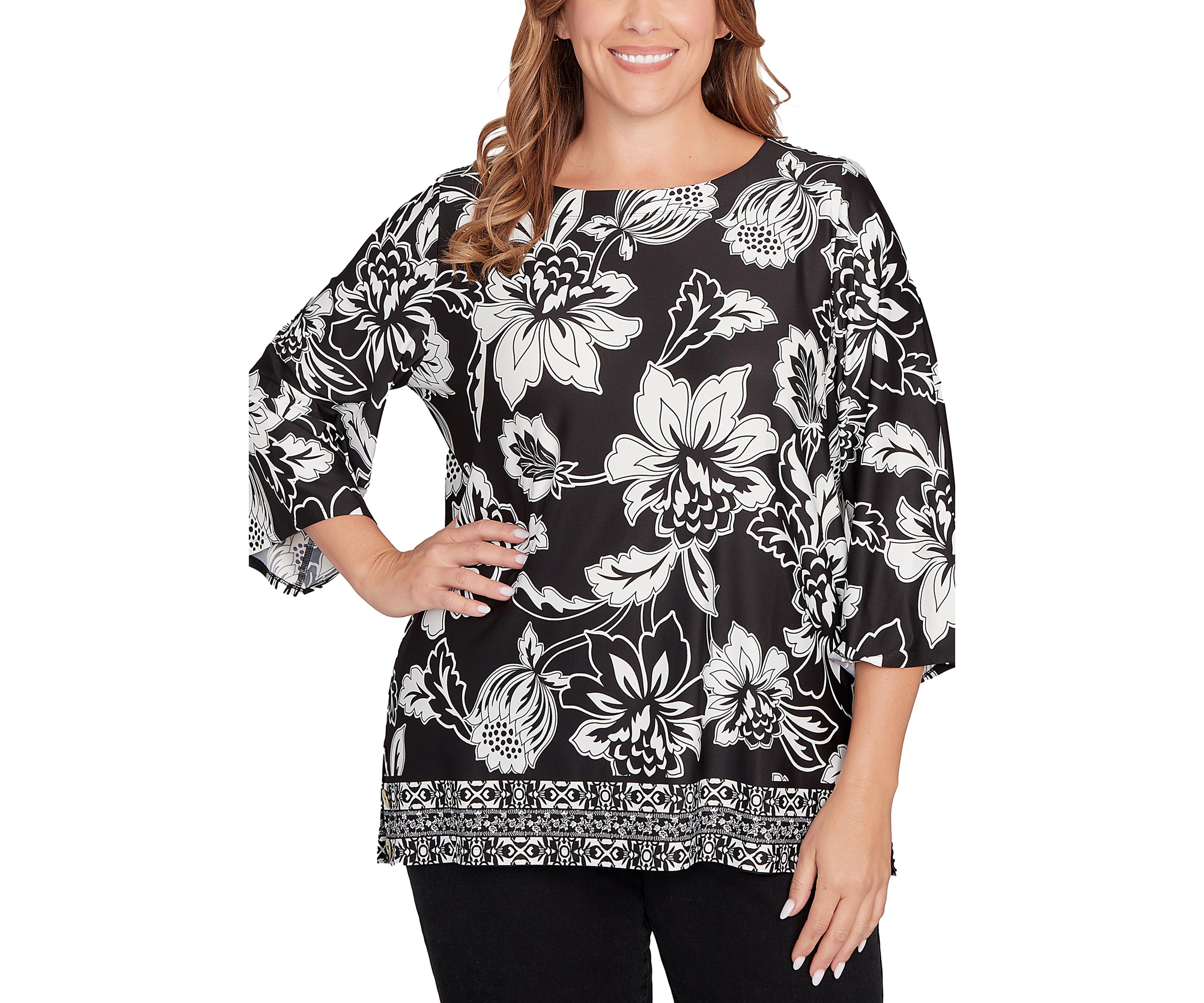 Plus Size Floral Geo Border Knit Top