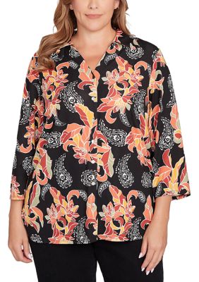 Ruby Rd Women's Shirt Collar Floral Paisley Button Front Top