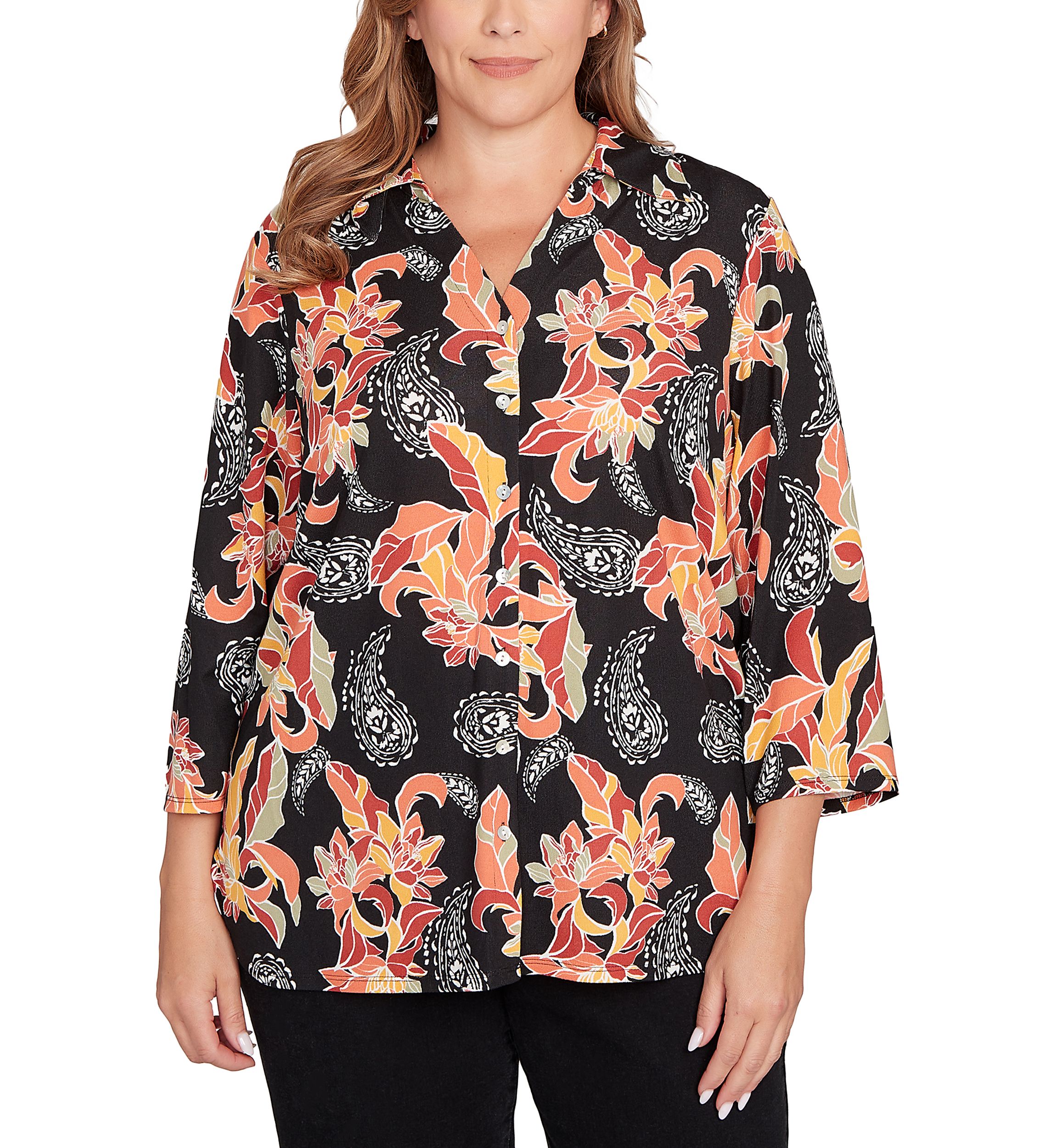 Shirt Collar Floral Paisley Button Front Top