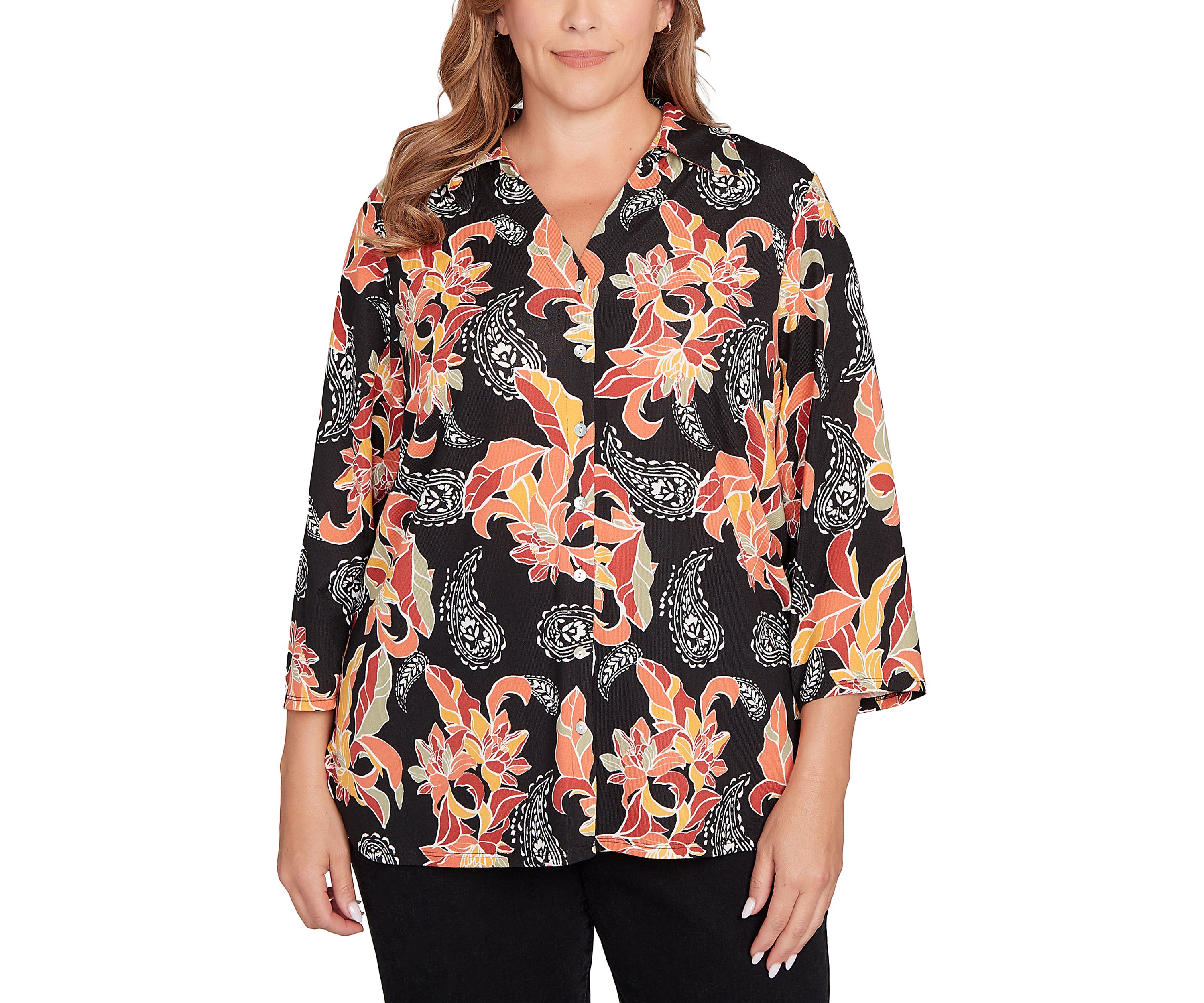 Shirt Collar Floral Paisley Button Front Top