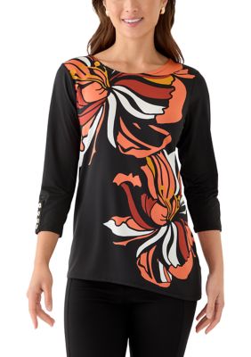 Ruby Rd Women's Petite Button Sleeve Bold Floral Top