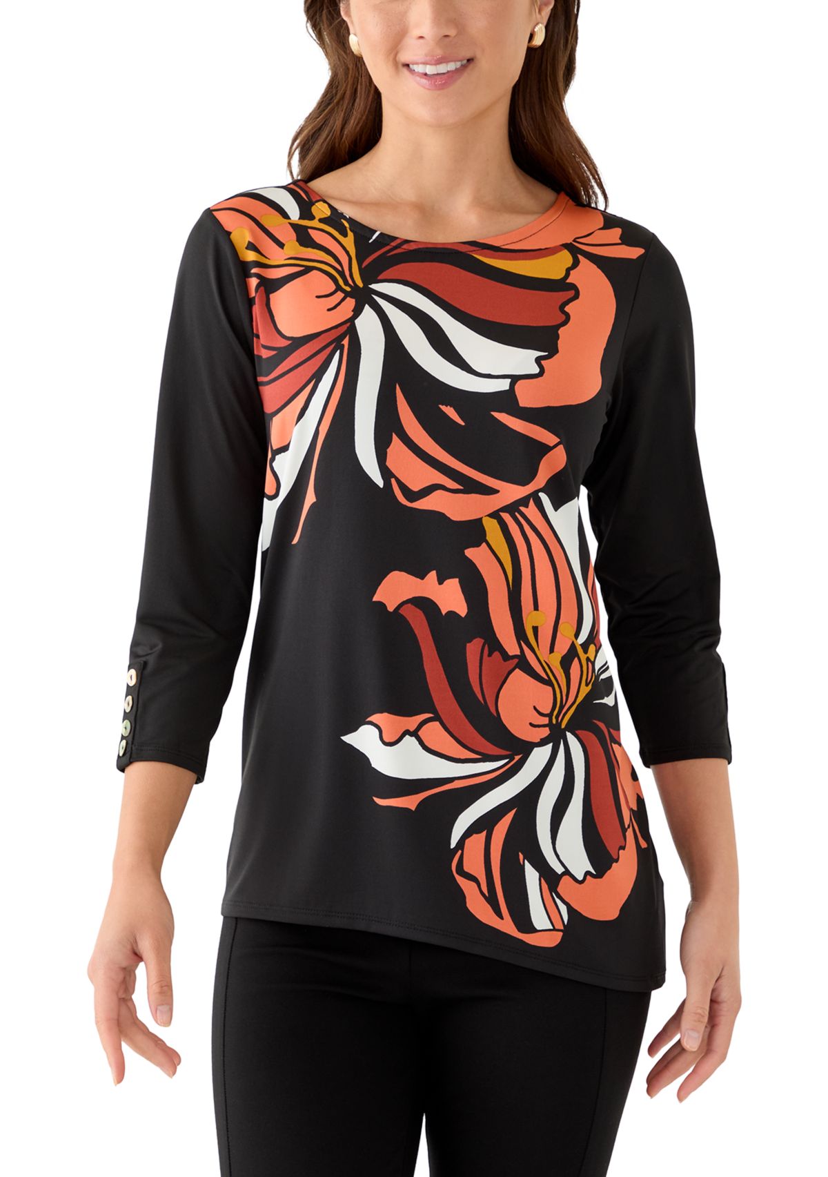 Petite Button Sleeve Bold Floral Top