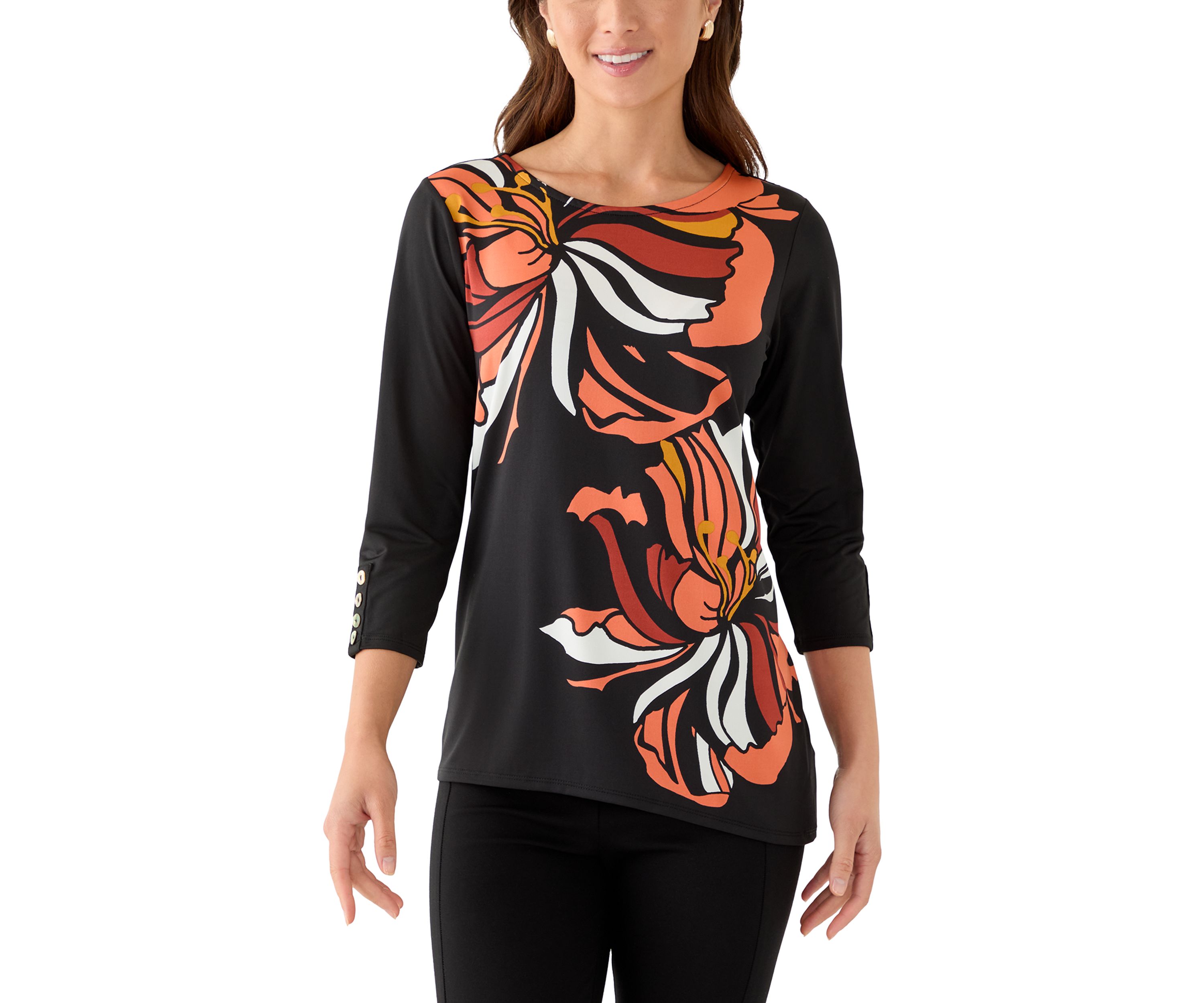 Petite Button Sleeve Bold Floral Top