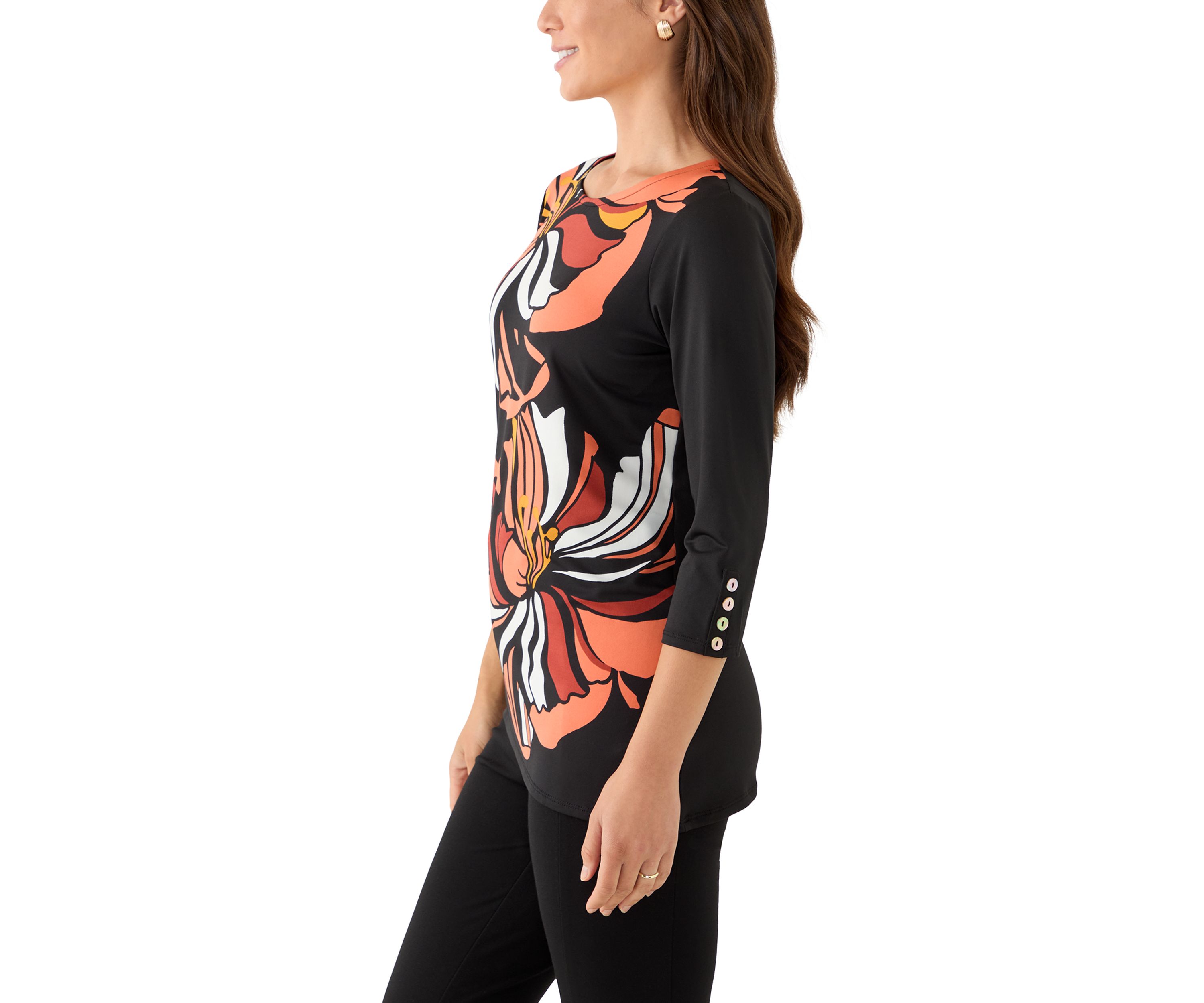 Petite Button Sleeve Bold Floral Top