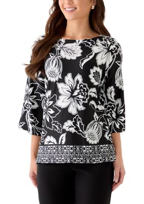 Ruby Rd Women's Petite Floral Geo Border Knit Top