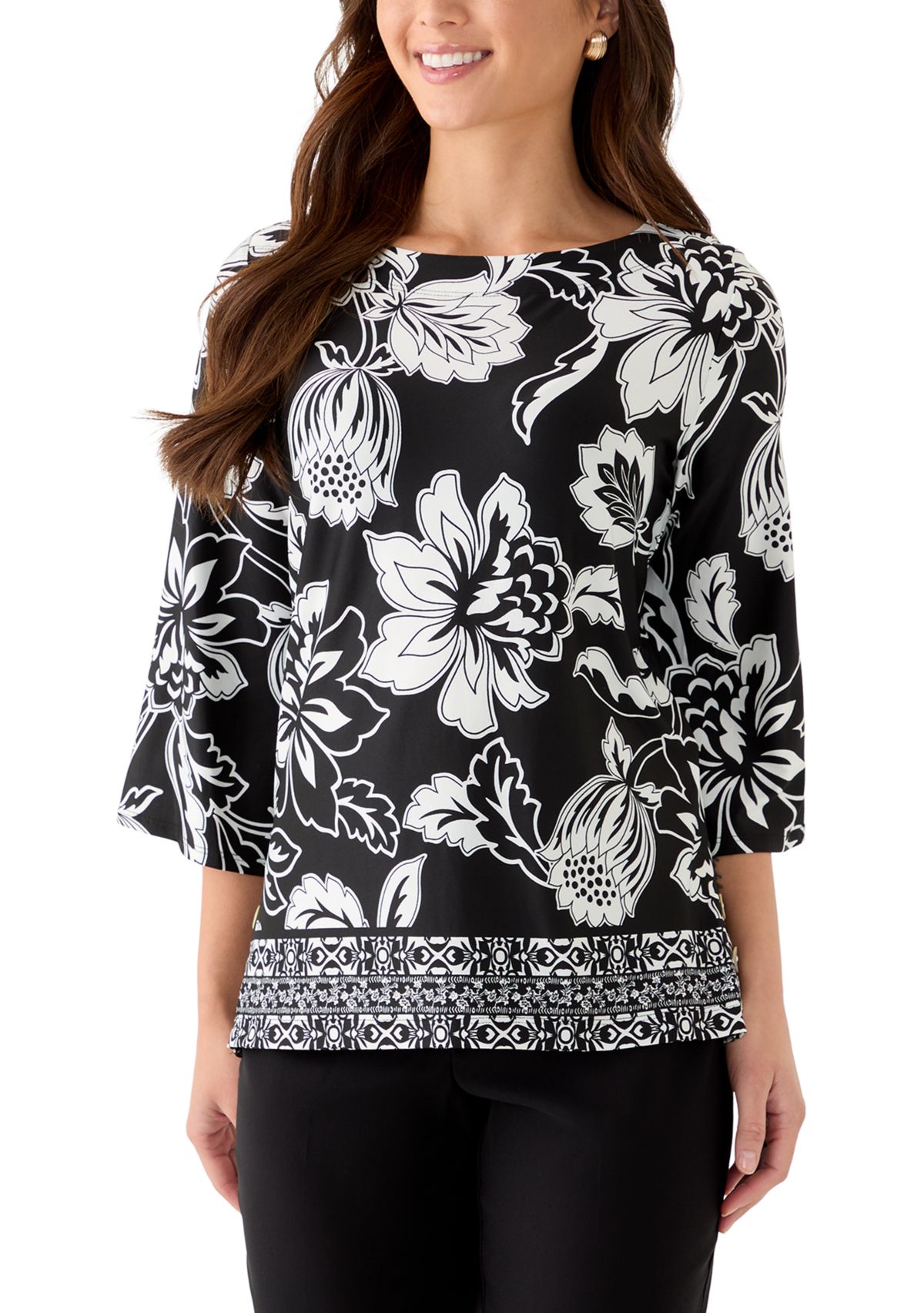 Petite Floral Geo Border Knit Top