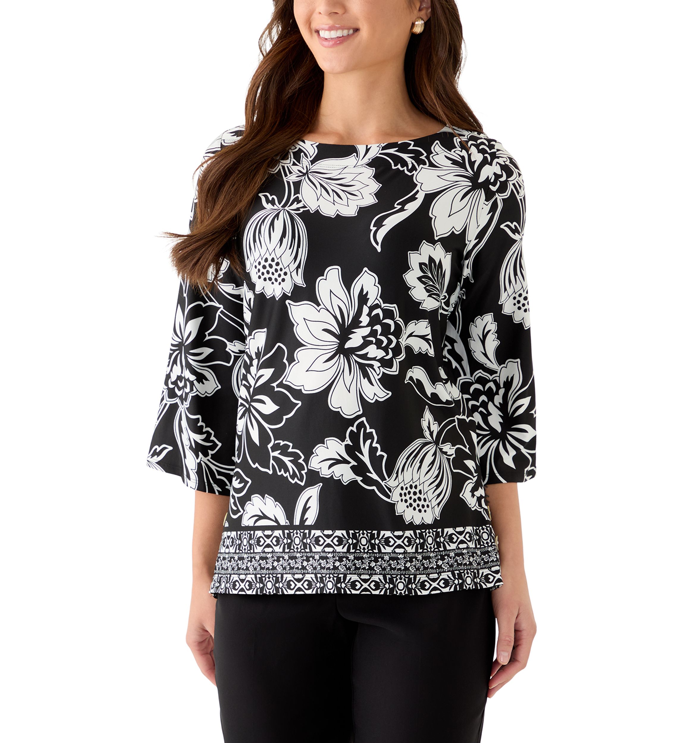 Petite Floral Geo Border Knit Top
