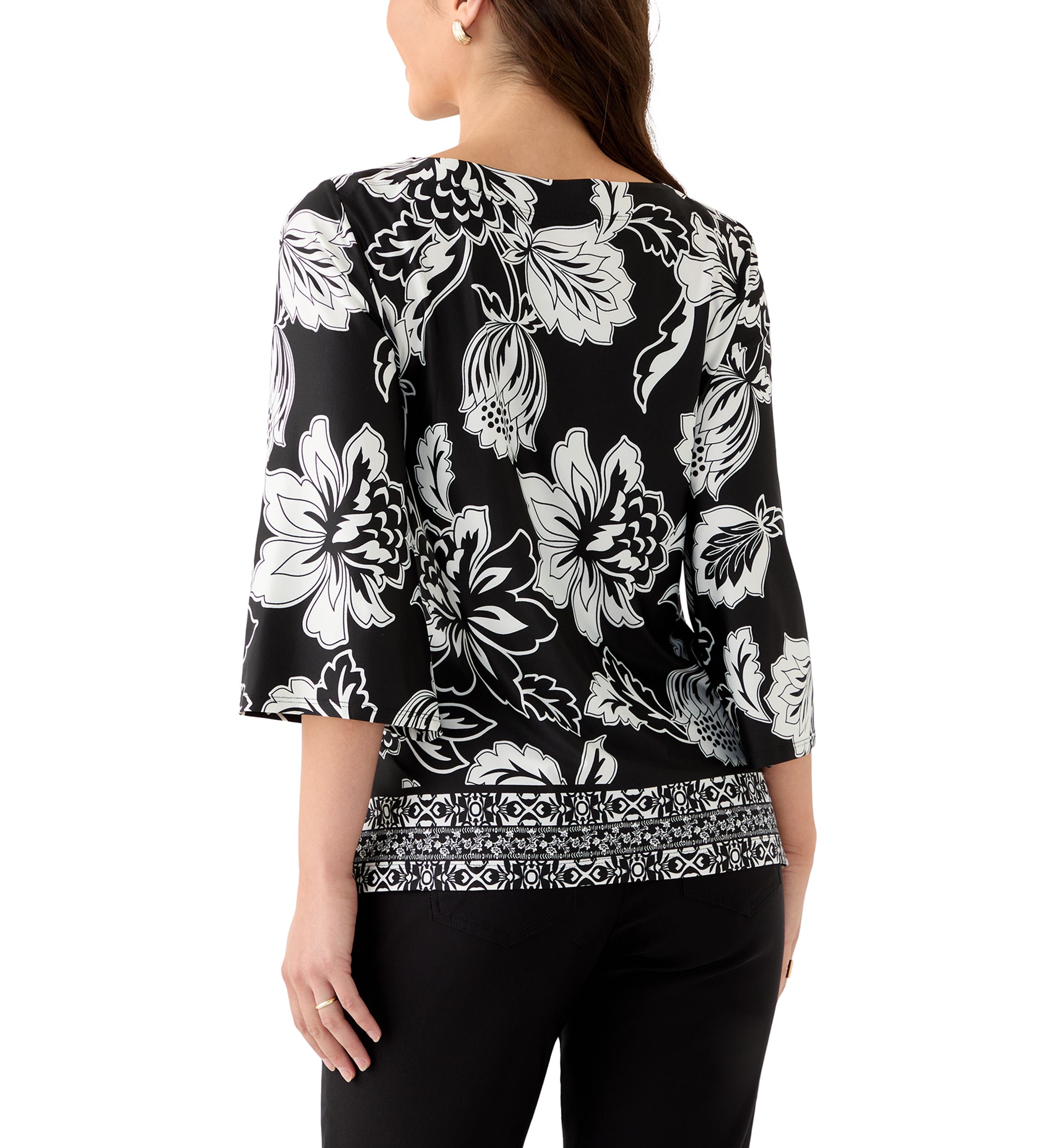 Petite Floral Geo Border Knit Top