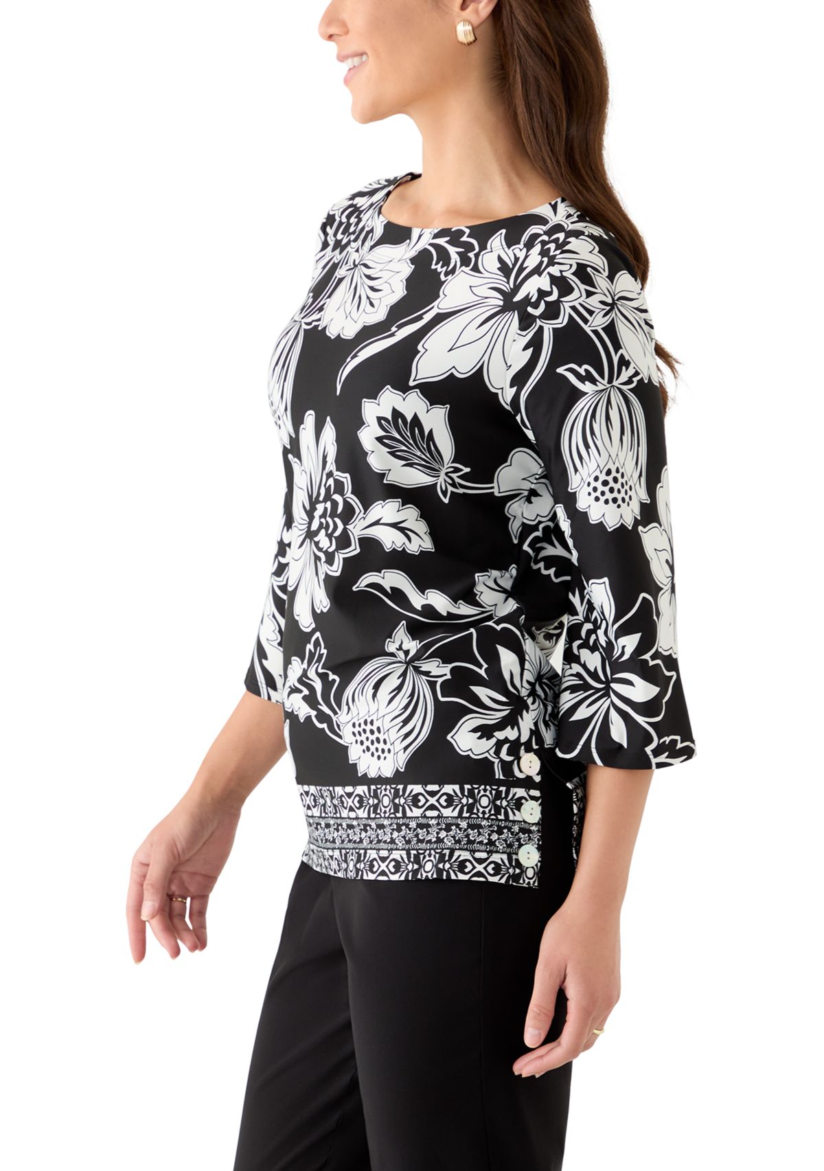 Petite Floral Geo Border Knit Top