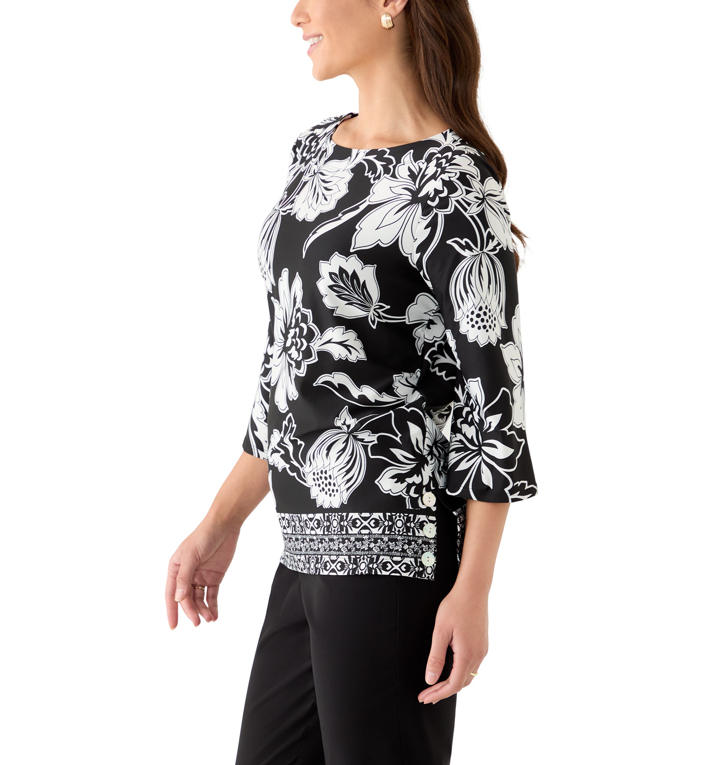 Petite Floral Geo Border Knit Top