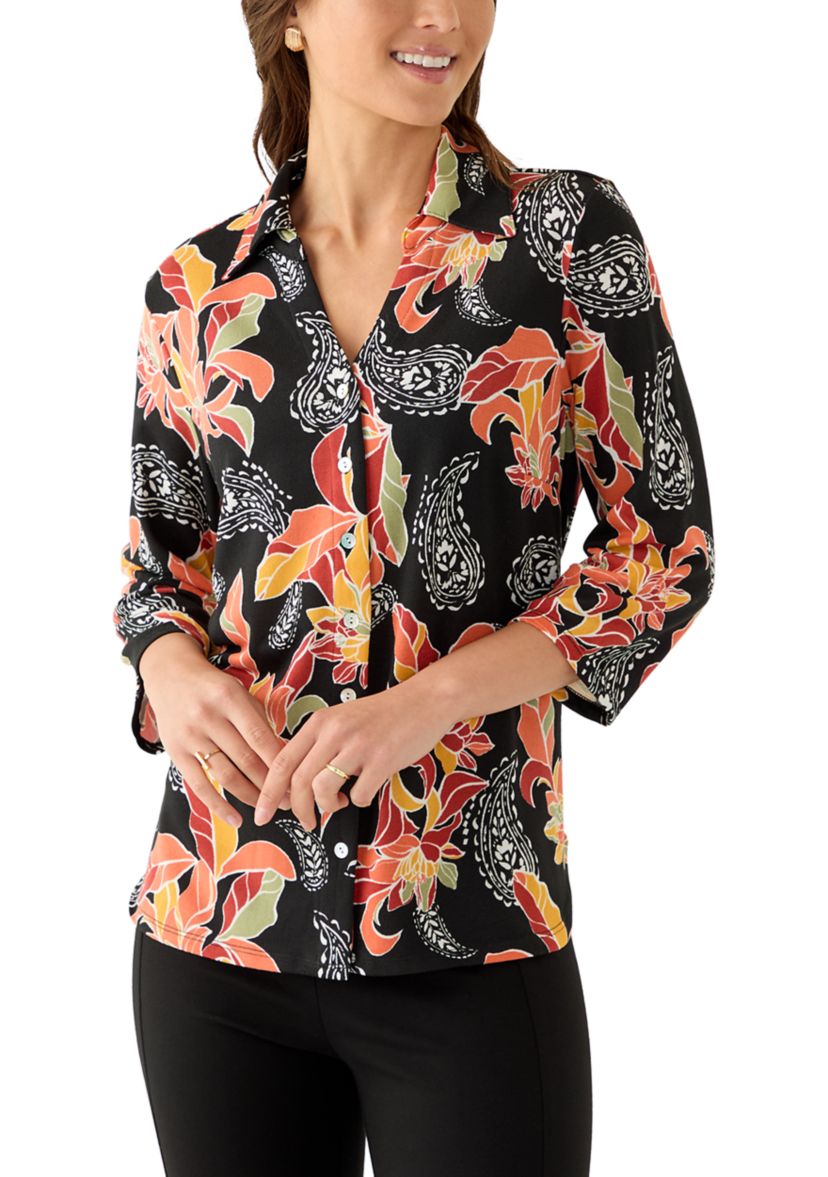 Petite Shirt Collar Floral Paisley Button Front Top