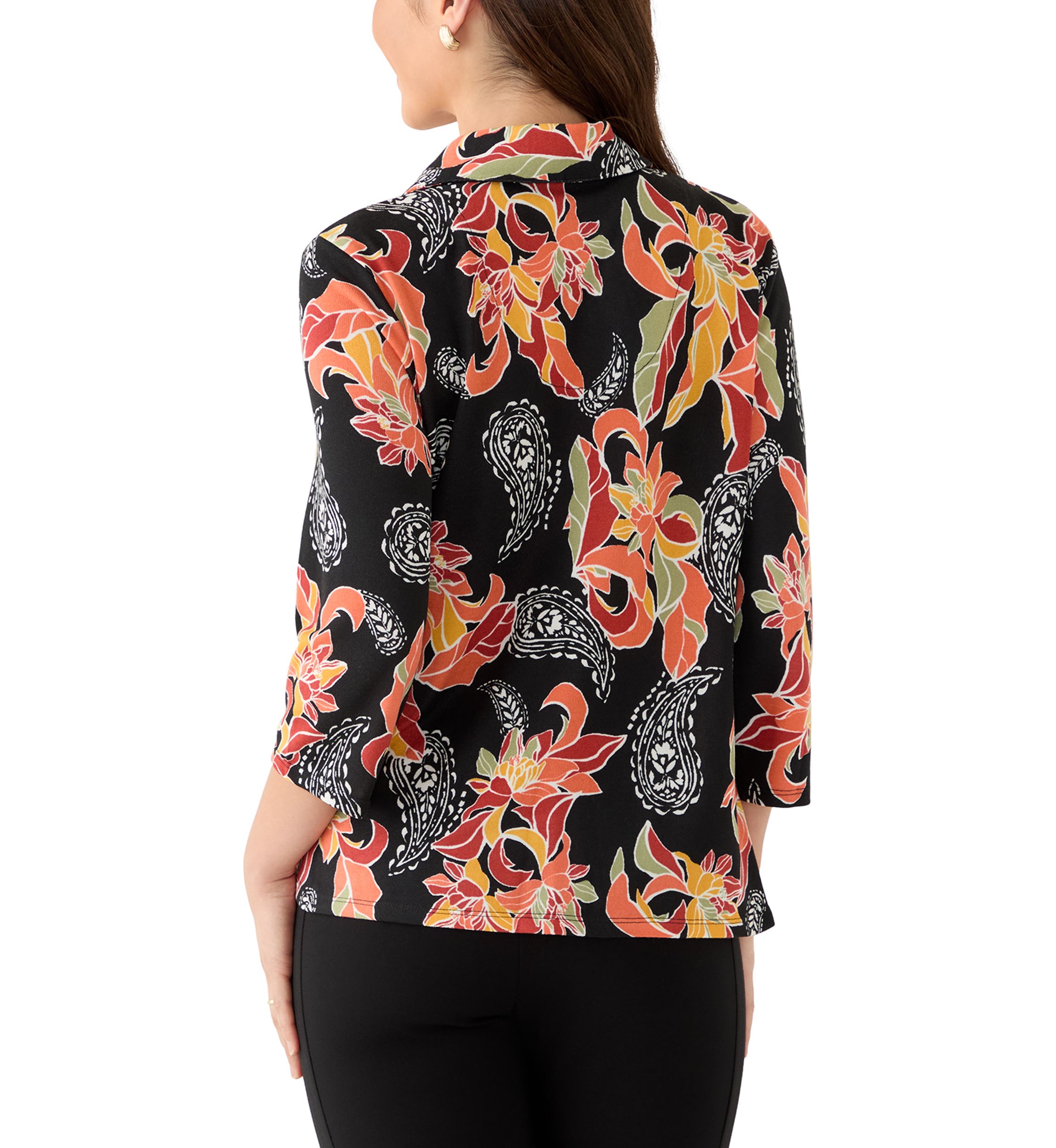 Petite Shirt Collar Floral Paisley Button Front Top