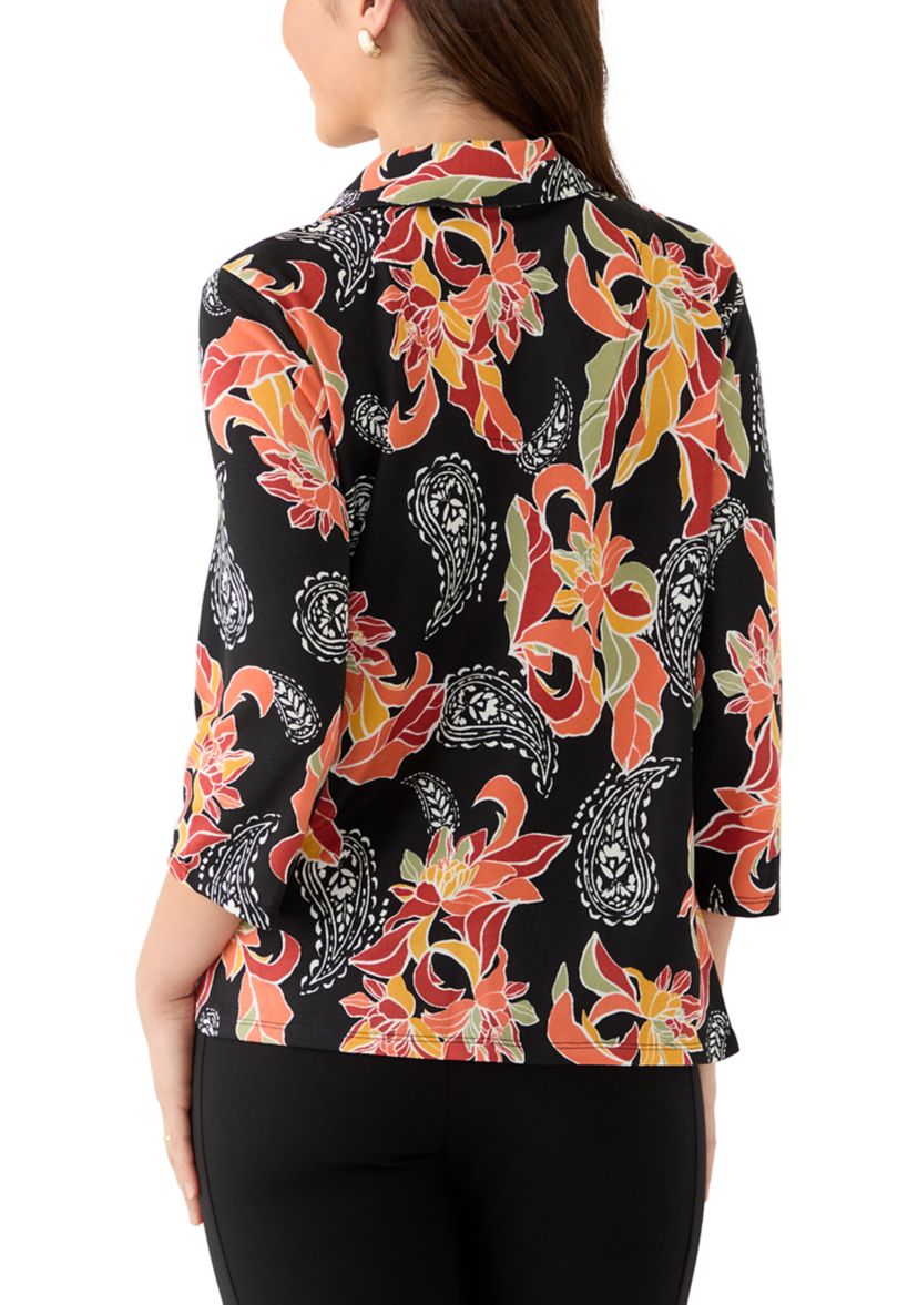 Petite Shirt Collar Floral Paisley Button Front Top