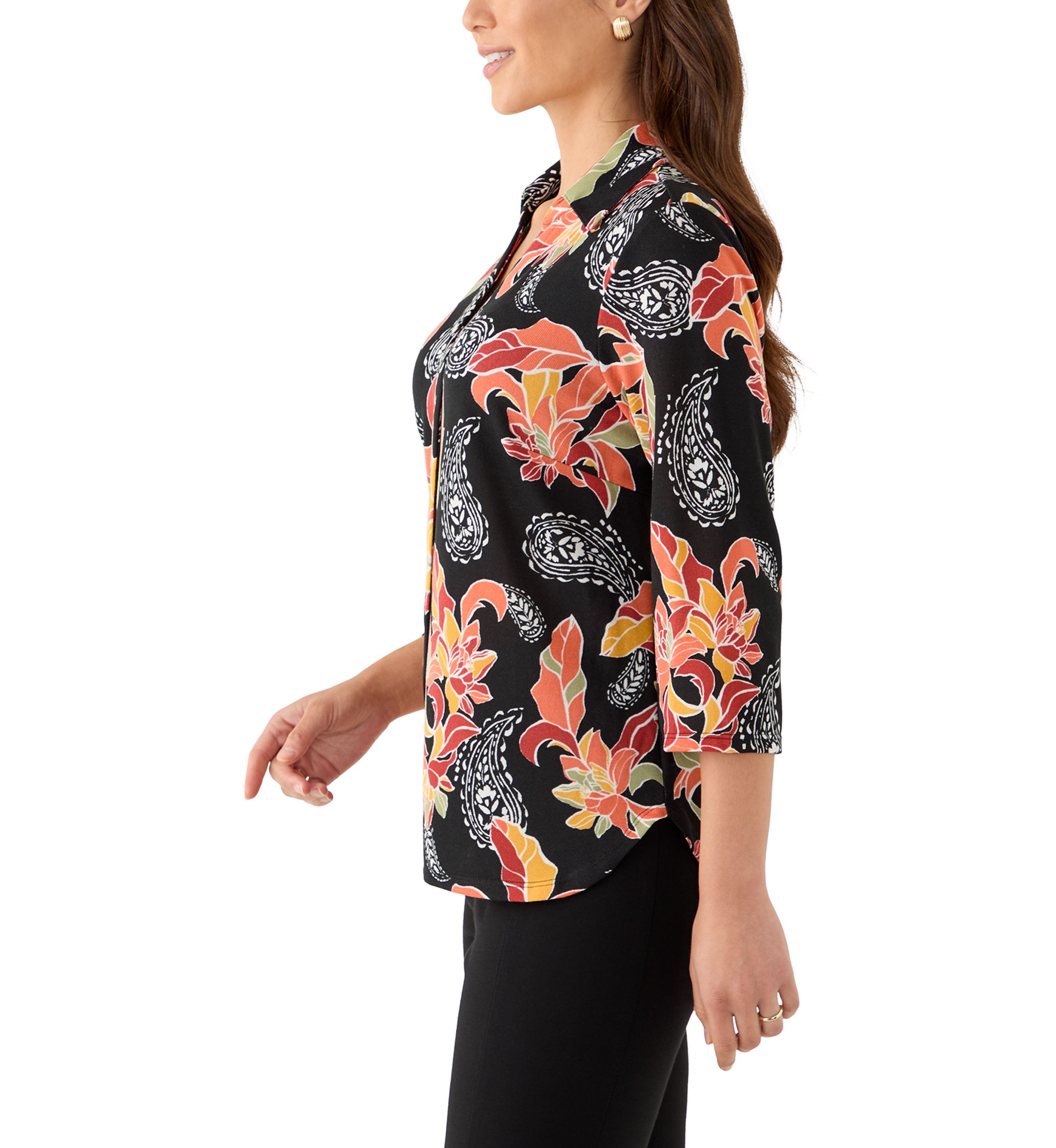 Petite Shirt Collar Floral Paisley Button Front Top