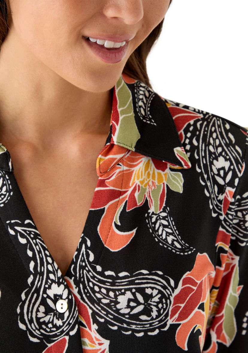 Petite Shirt Collar Floral Paisley Button Front Top