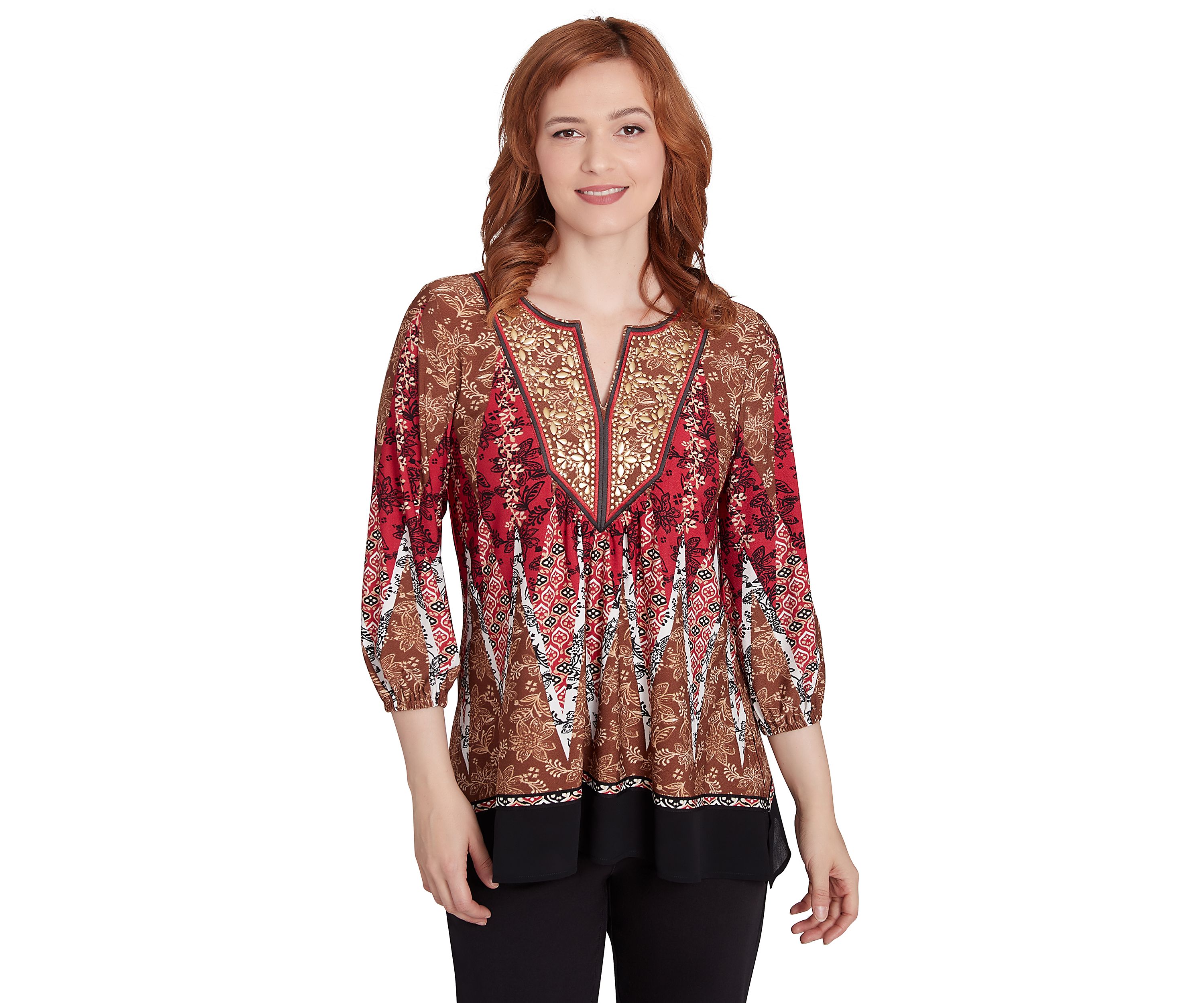 Womens Embellished Placket Decorative Border Print Knit Top with Three Quarter Balloon Sleeve