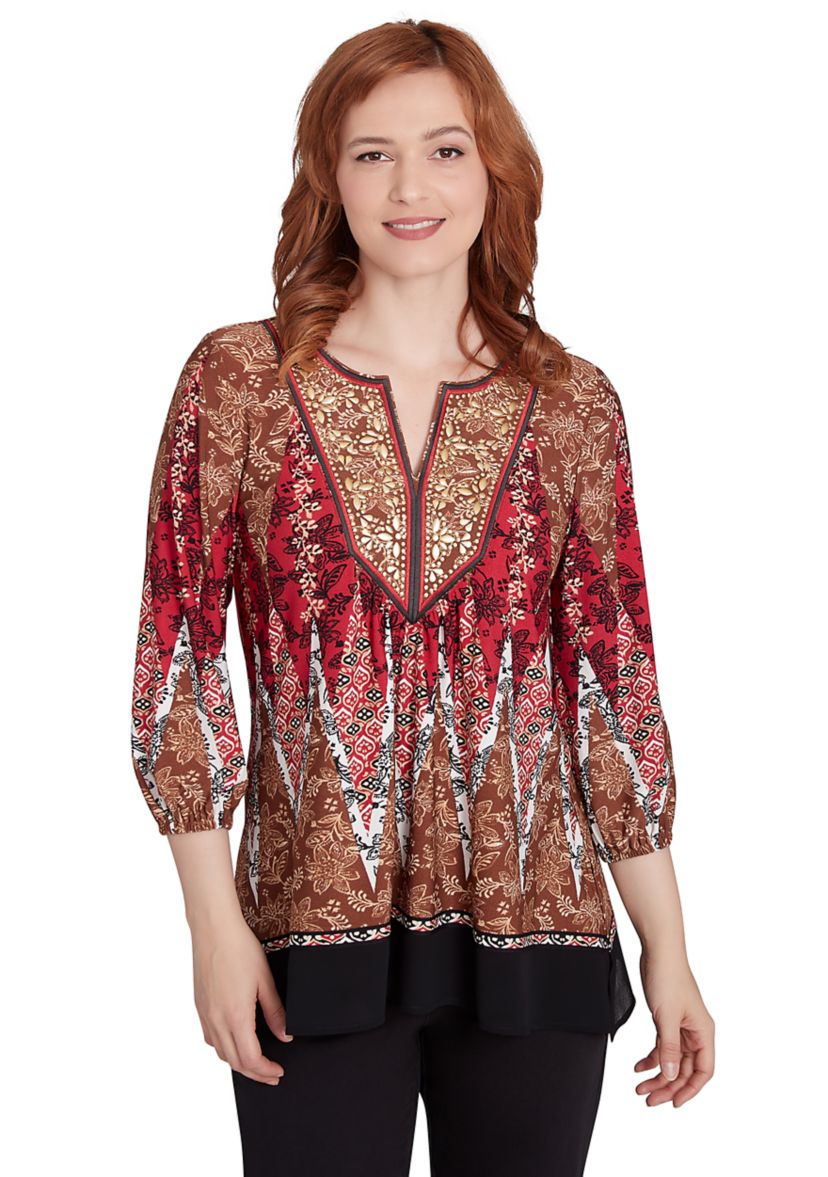 Womens Embellished Placket Decorative Border Print Knit Top with Three Quarter Balloon Sleeve