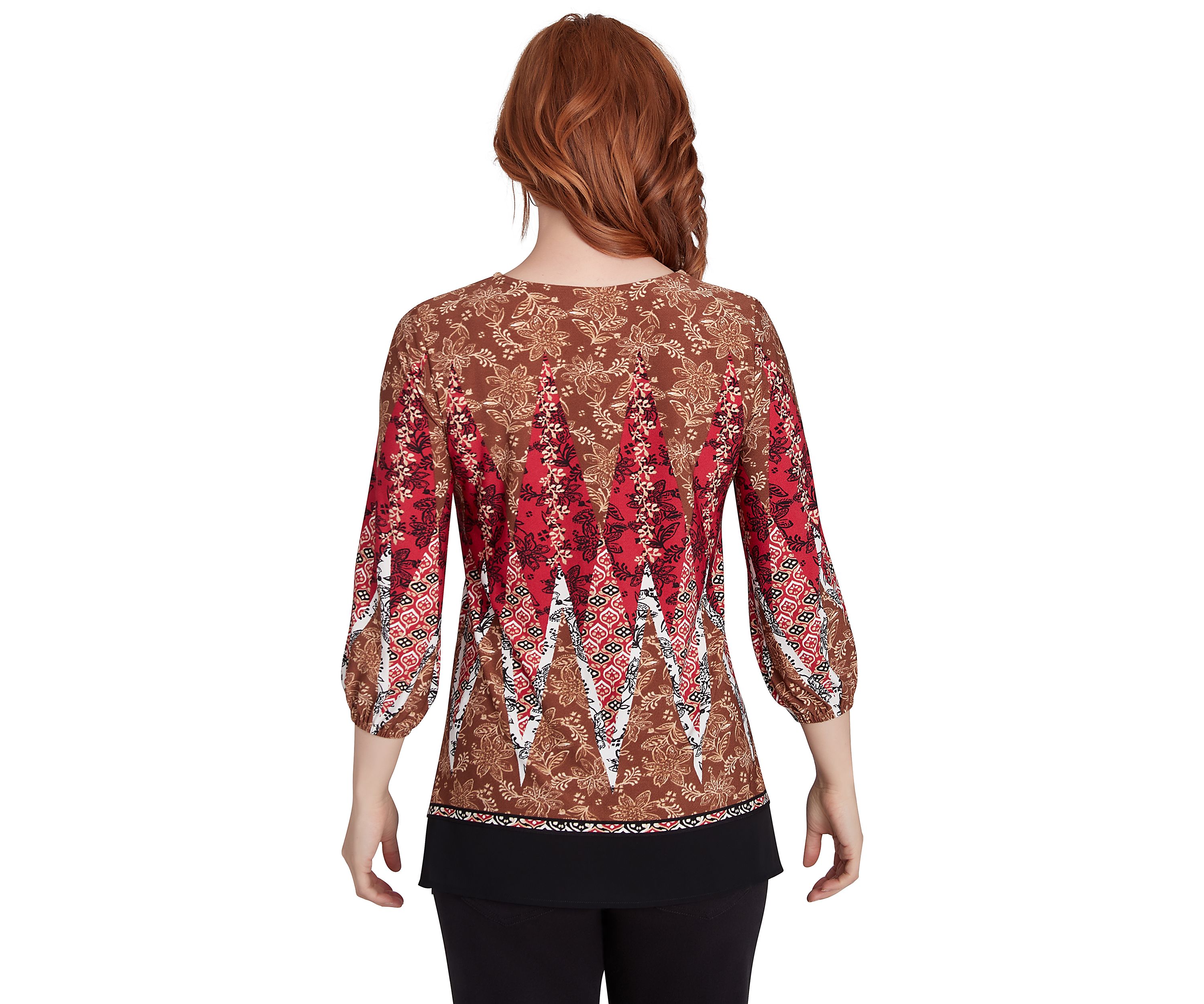 Womens Embellished Placket Decorative Border Print Knit Top with Three Quarter Balloon Sleeve
