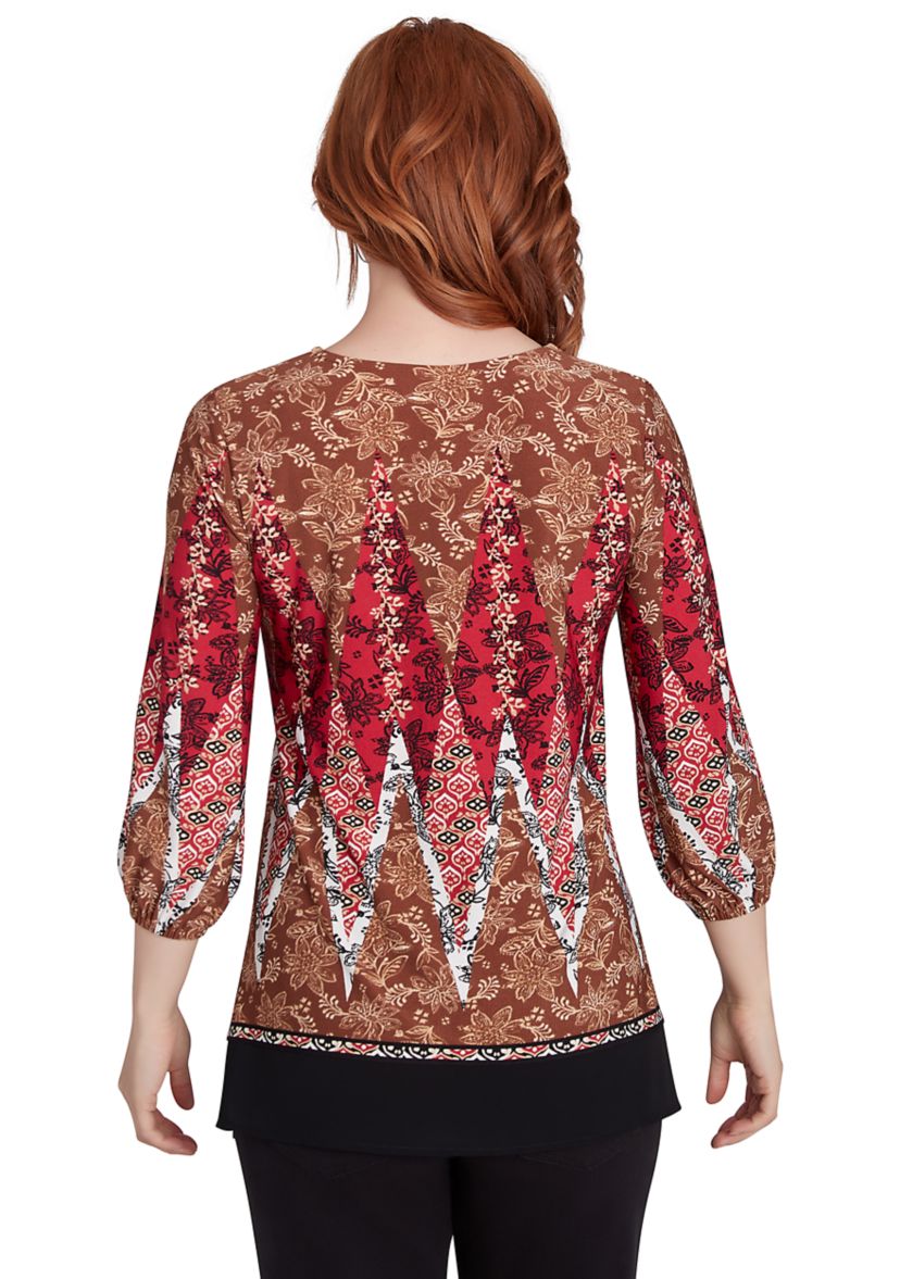 Womens Embellished Placket Decorative Border Print Knit Top with Three Quarter Balloon Sleeve
