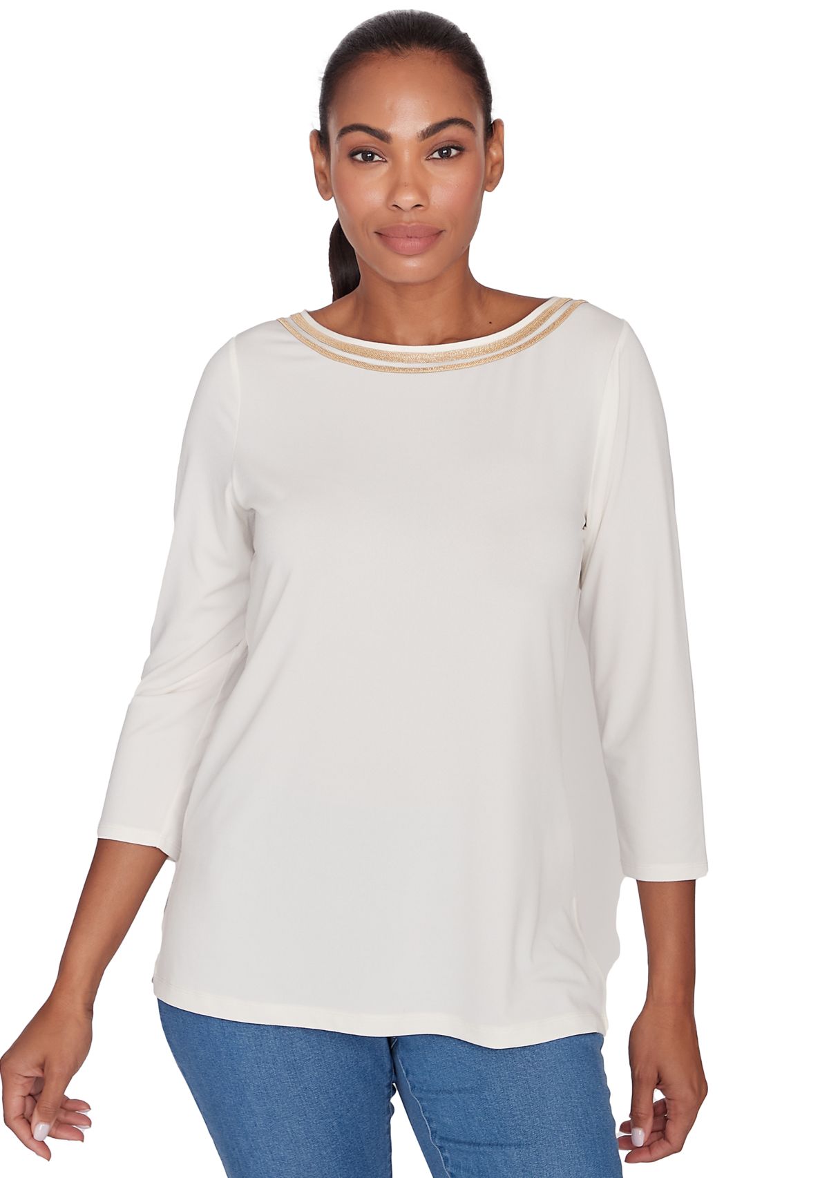 Womens Micro Chain Embellished Solid Crepe Knit Top With Side Slits
