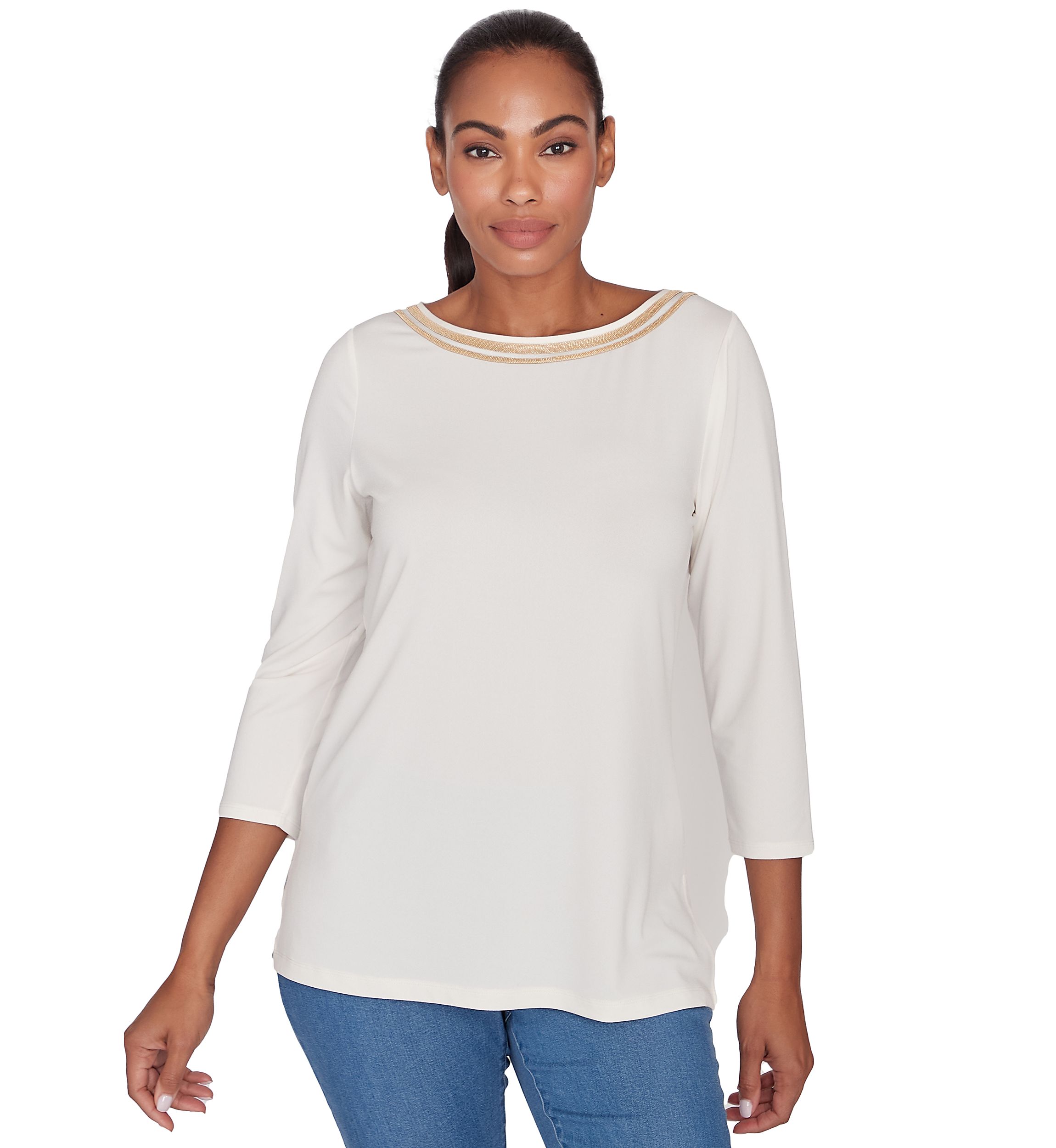 Womens Micro Chain Embellished Solid Crepe Knit Top With Side Slits