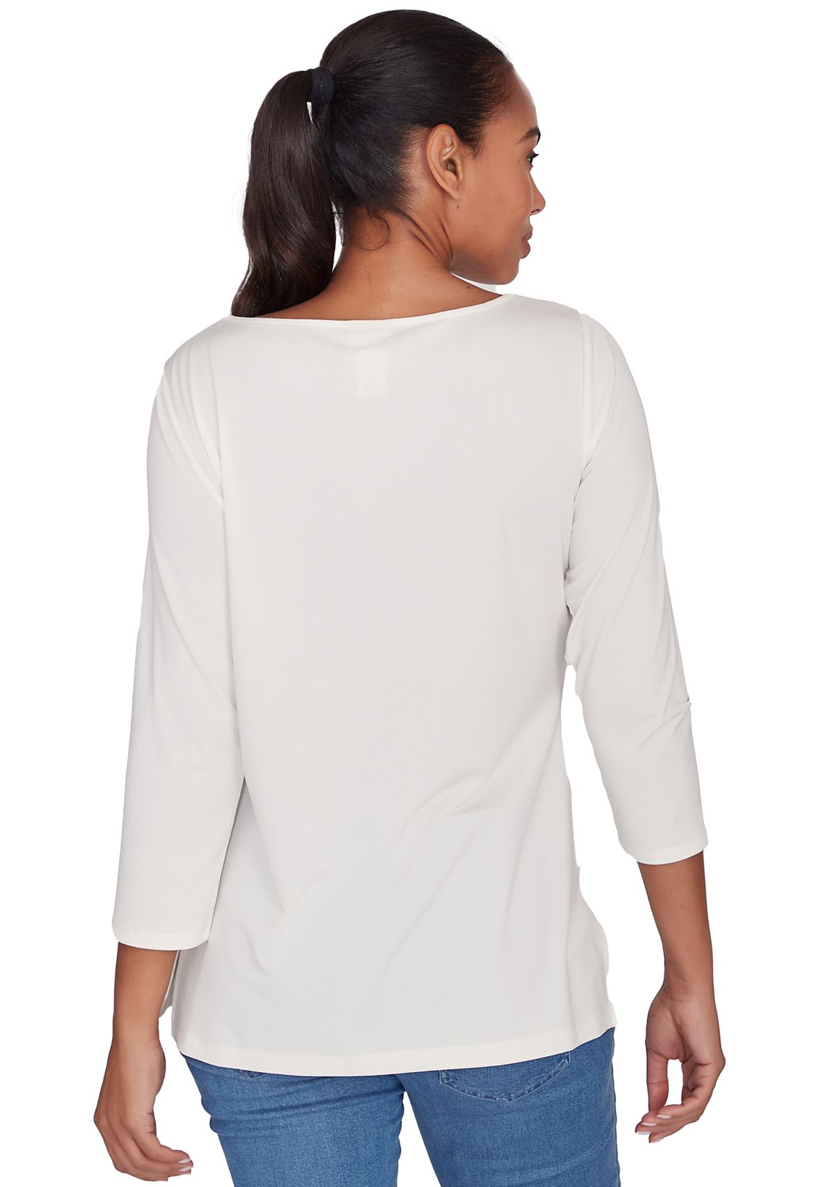 Womens Micro Chain Embellished Solid Crepe Knit Top With Side Slits