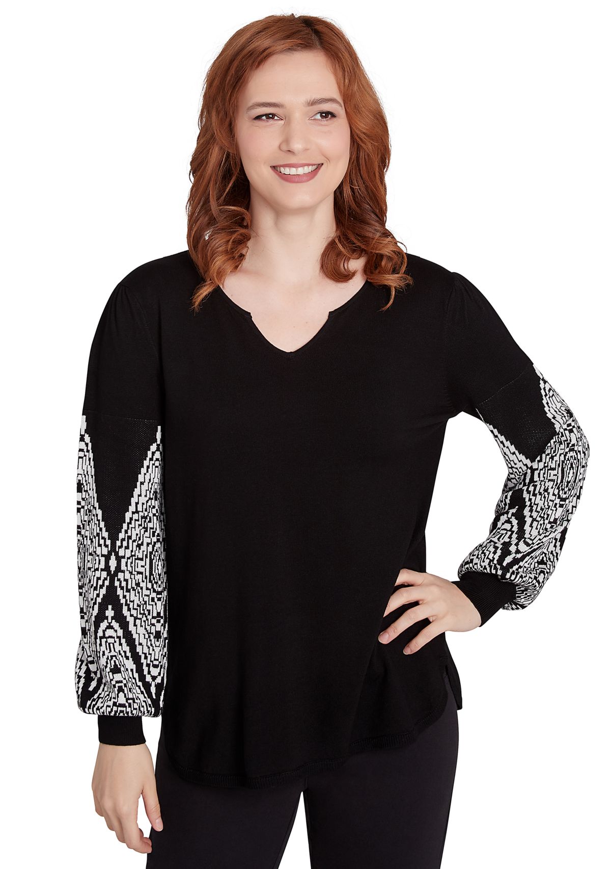 Womens Split Neck Fine Gauge Pullover Sweater with Diamond Patterned Sleeves
