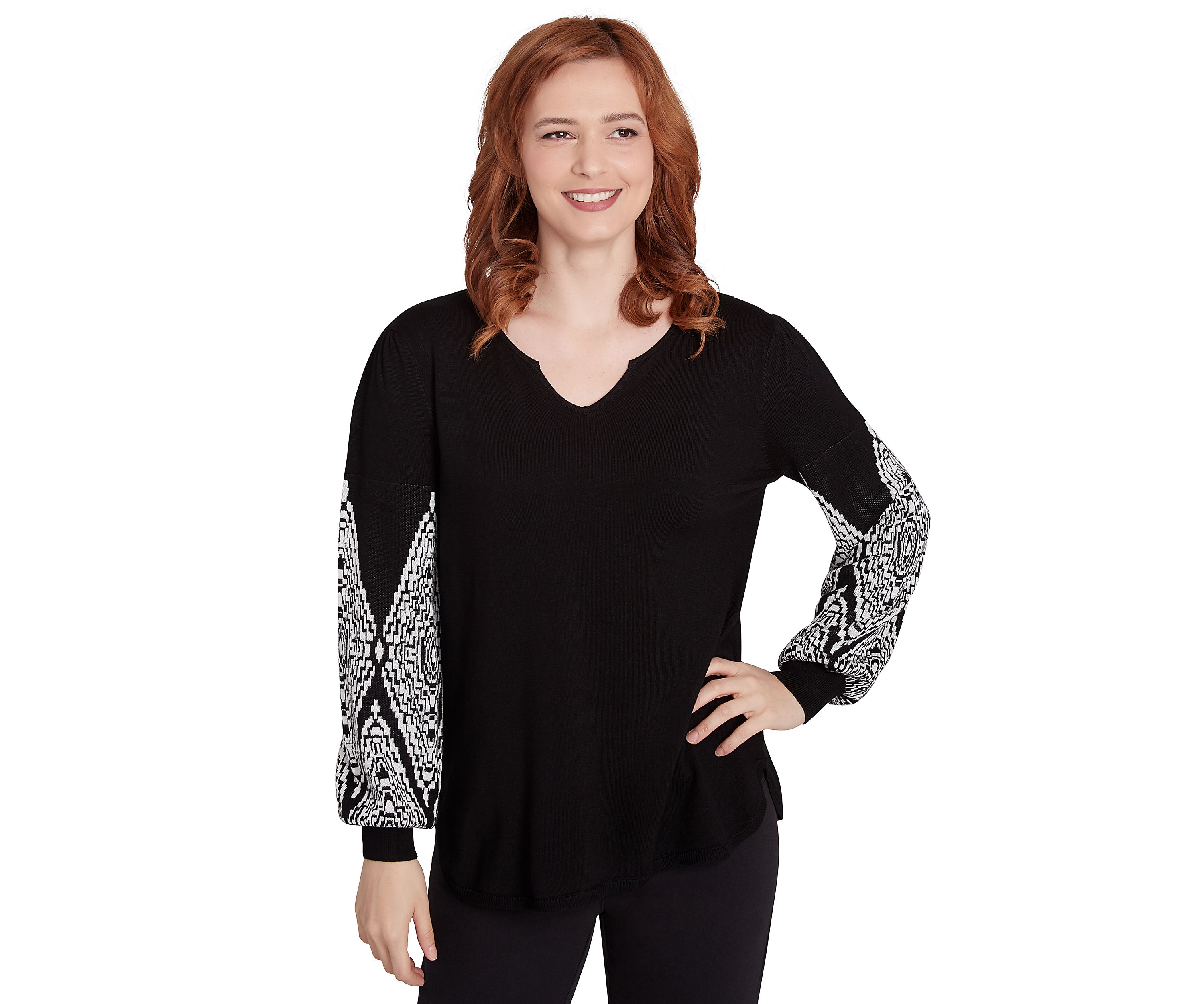 Womens Split Neck Fine Gauge Pullover Sweater with Diamond Patterned Sleeves