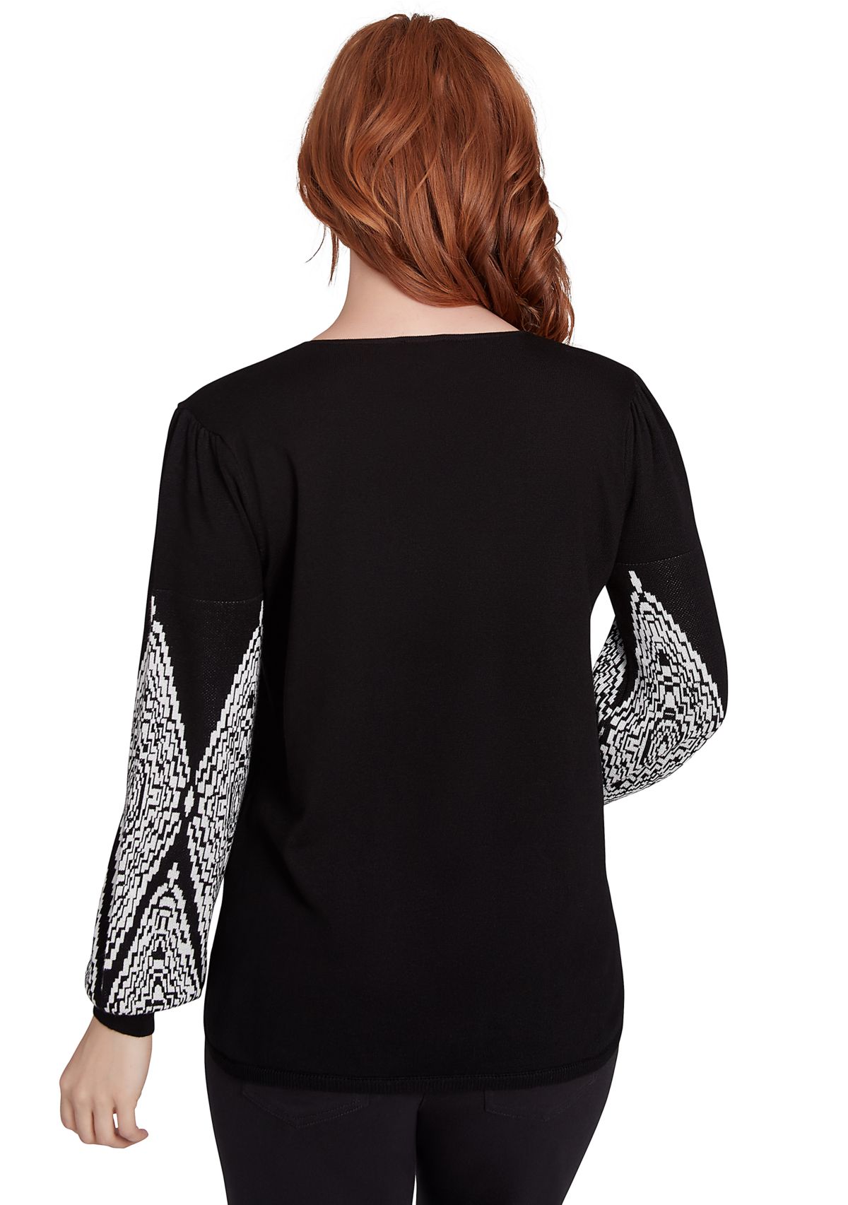 Womens Split Neck Fine Gauge Pullover Sweater with Diamond Patterned Sleeves
