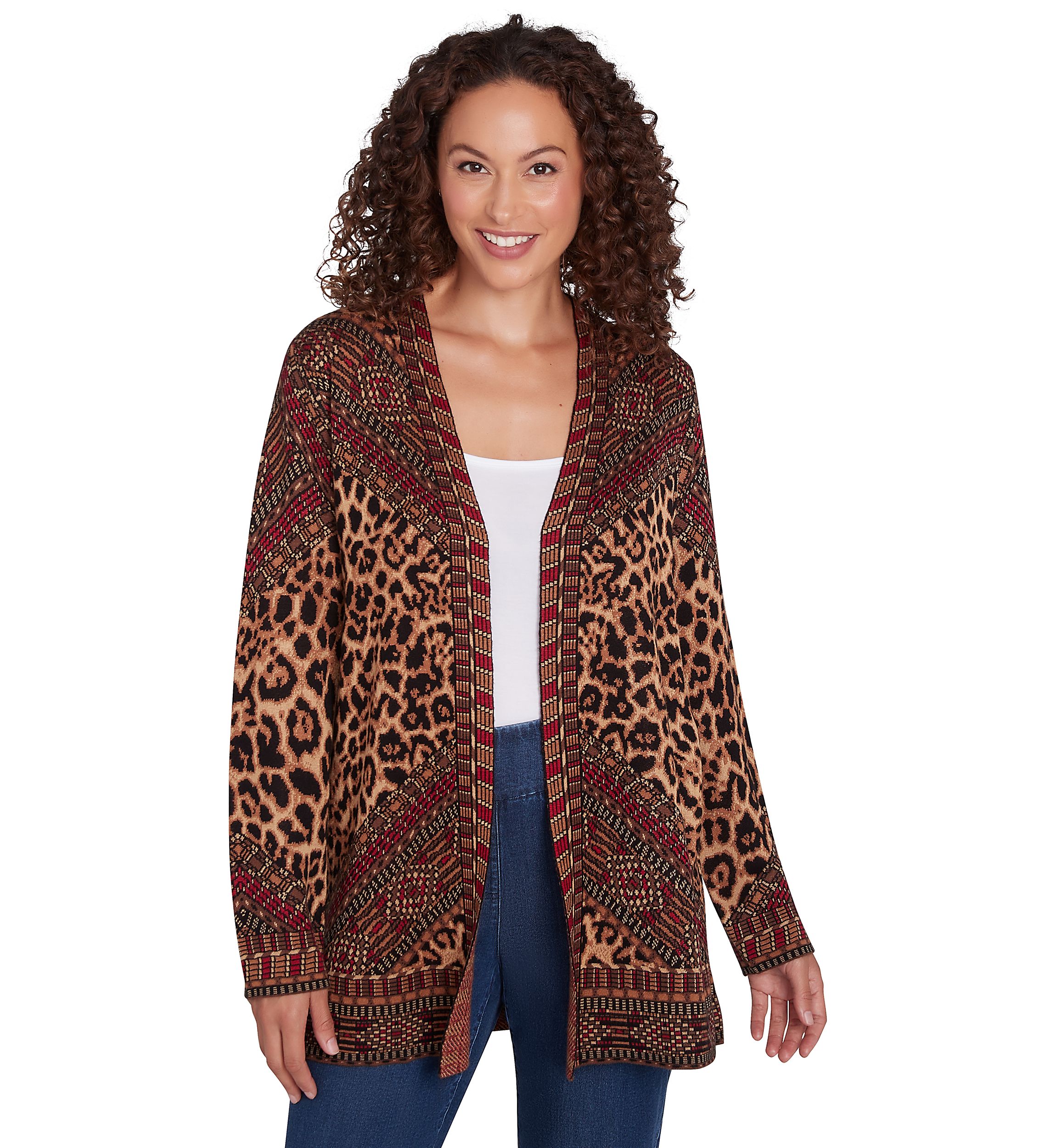 Womens Open Front Leopard Patchwork Jacquard Sweater