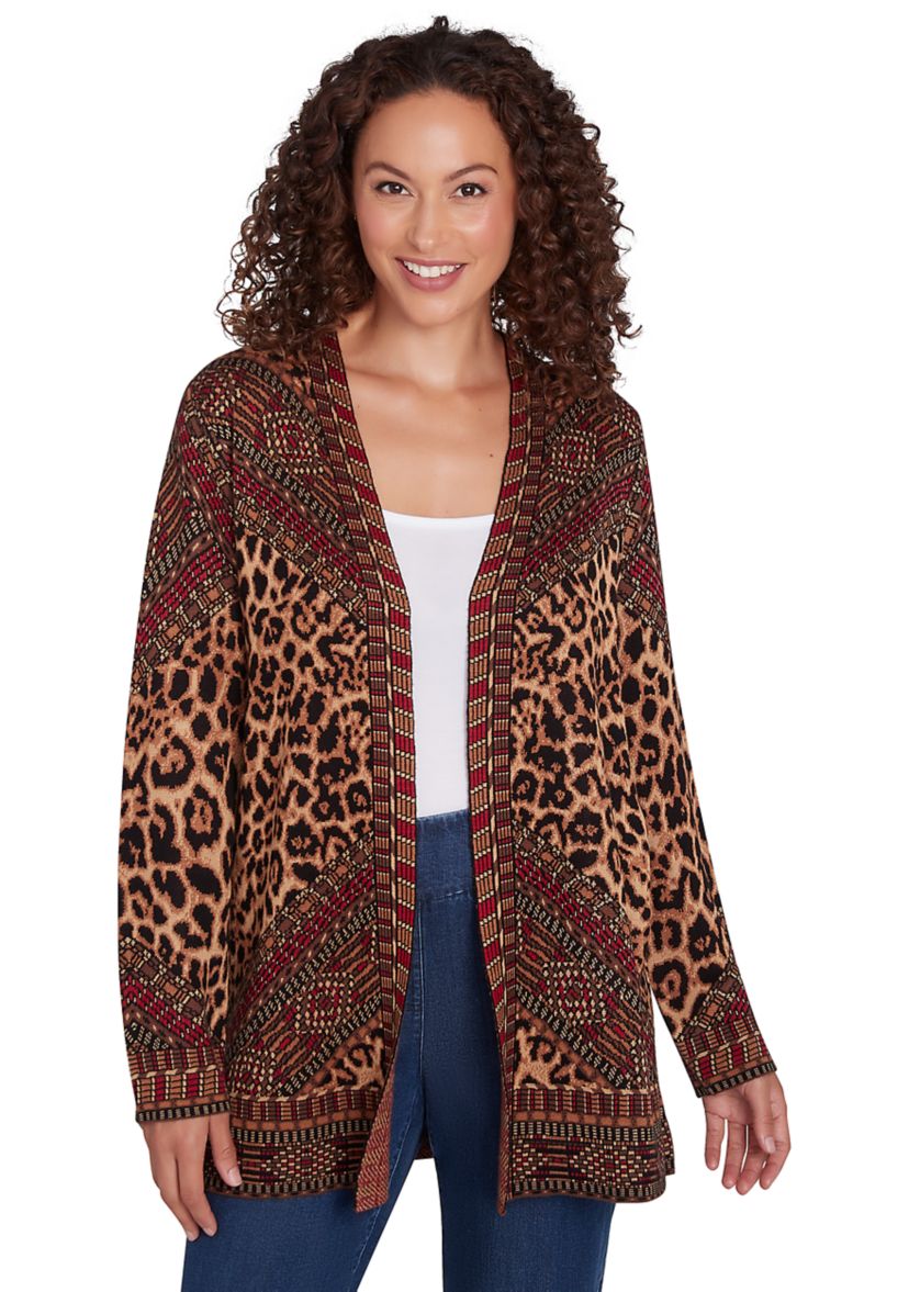 Womens Open Front Leopard Patchwork Jacquard Sweater
